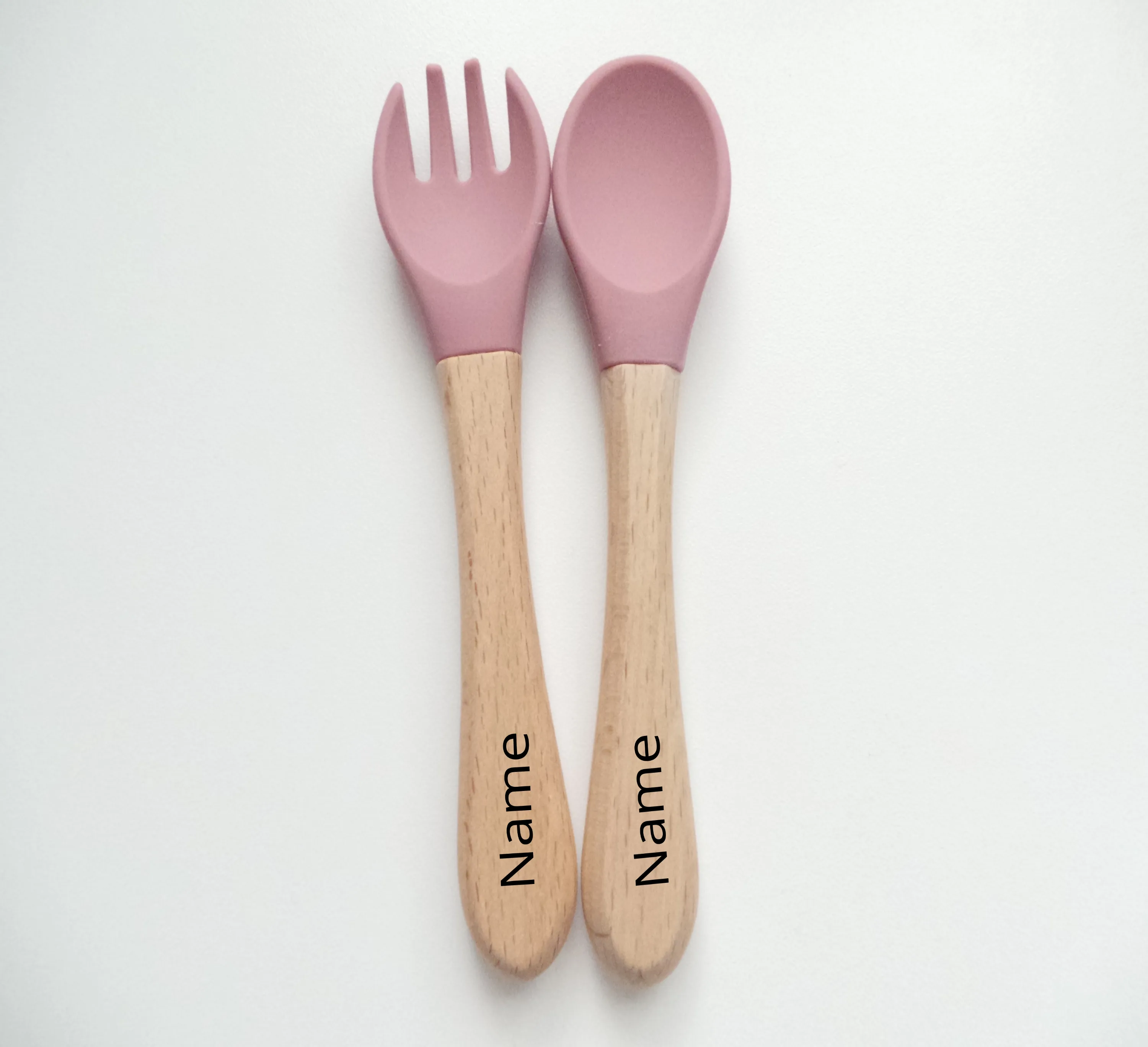 Personalised Engraved Wooden and Silicone weaning Cutlery Set - Blush