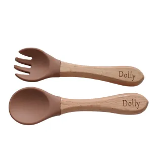 Personalised Engraved Wooden and Silicone weaning Cutlery Set - Camel