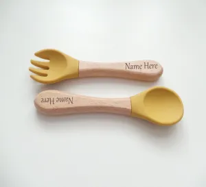 Personalised Engraved Wooden and Silicone weaning Cutlery Set - Mustard