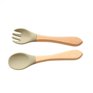 Personalised Engraved Wooden and Silicone weaning Cutlery Set - Olive