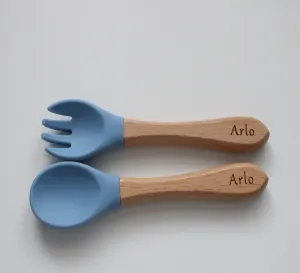 Personalised Engraved Wooden and Silicone weaning Cutlery Set - Powder Blue