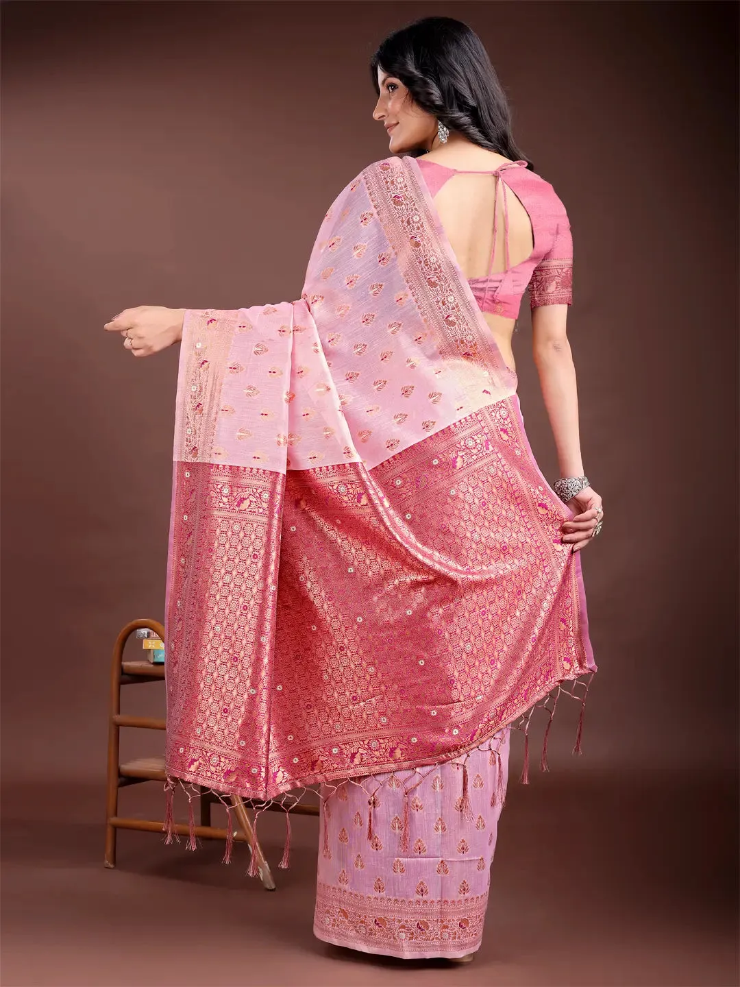 Pink Linen Cotton Saree