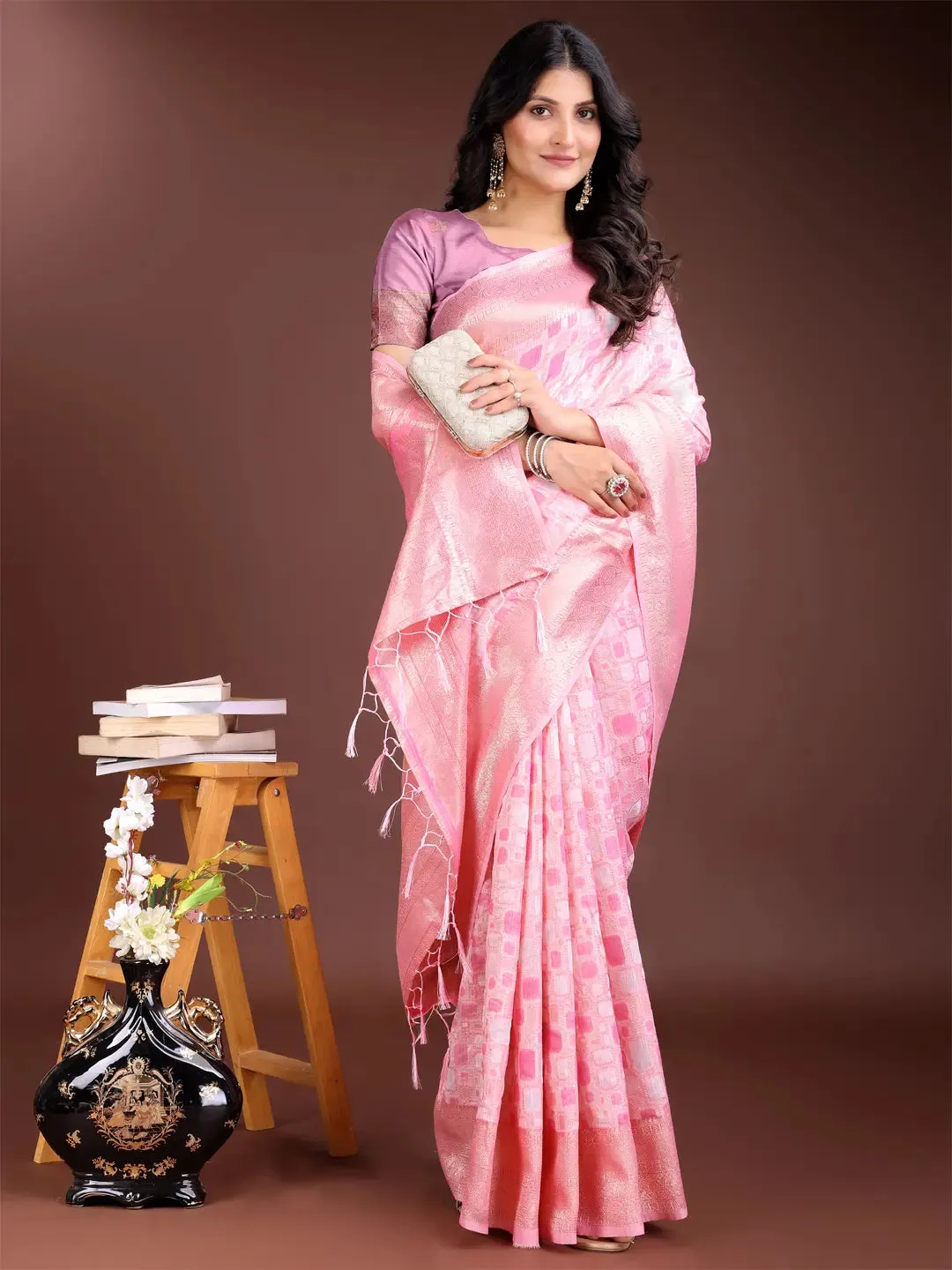 Pink Linen Cotton Saree