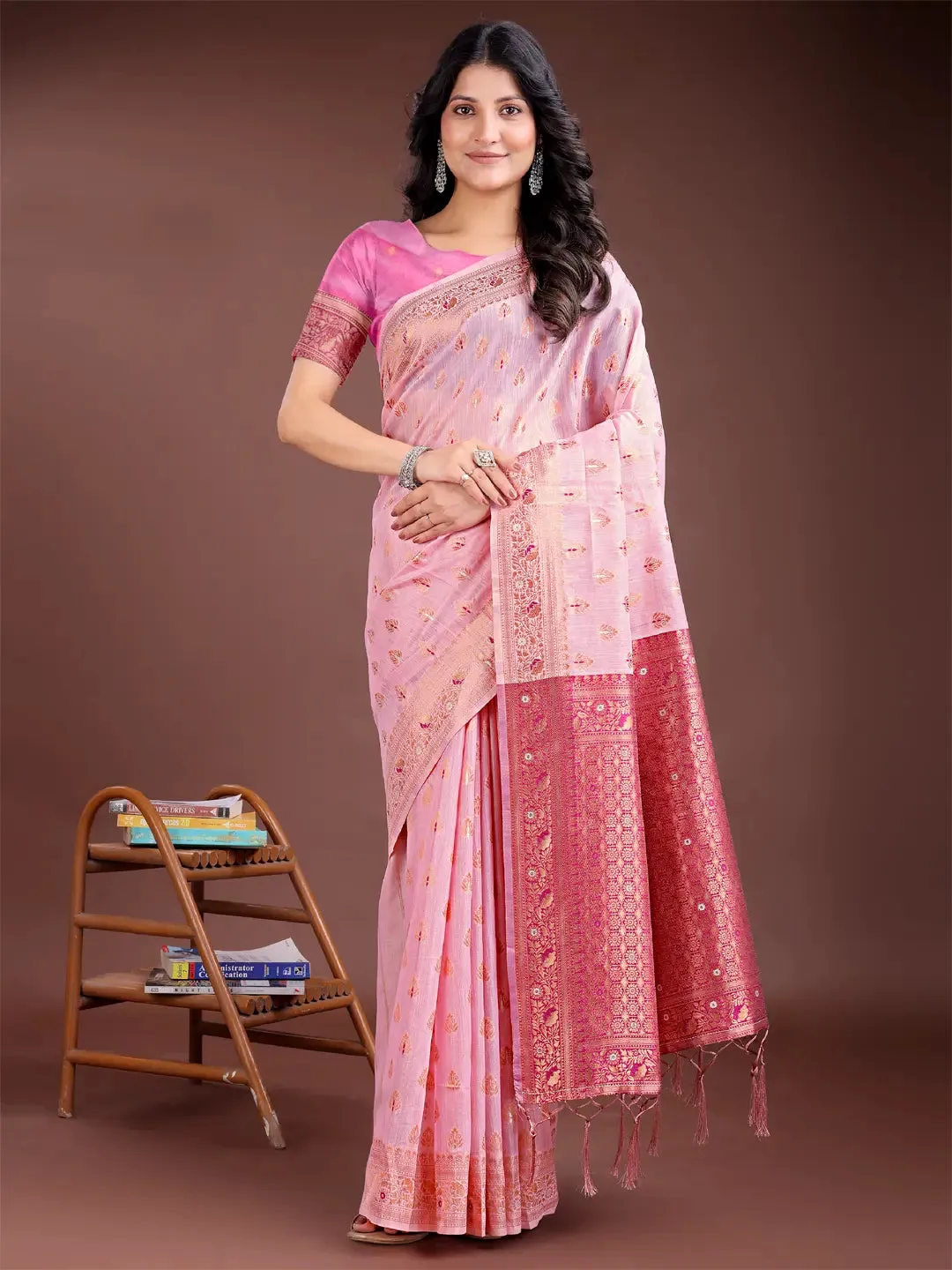 Pink Linen Cotton Saree