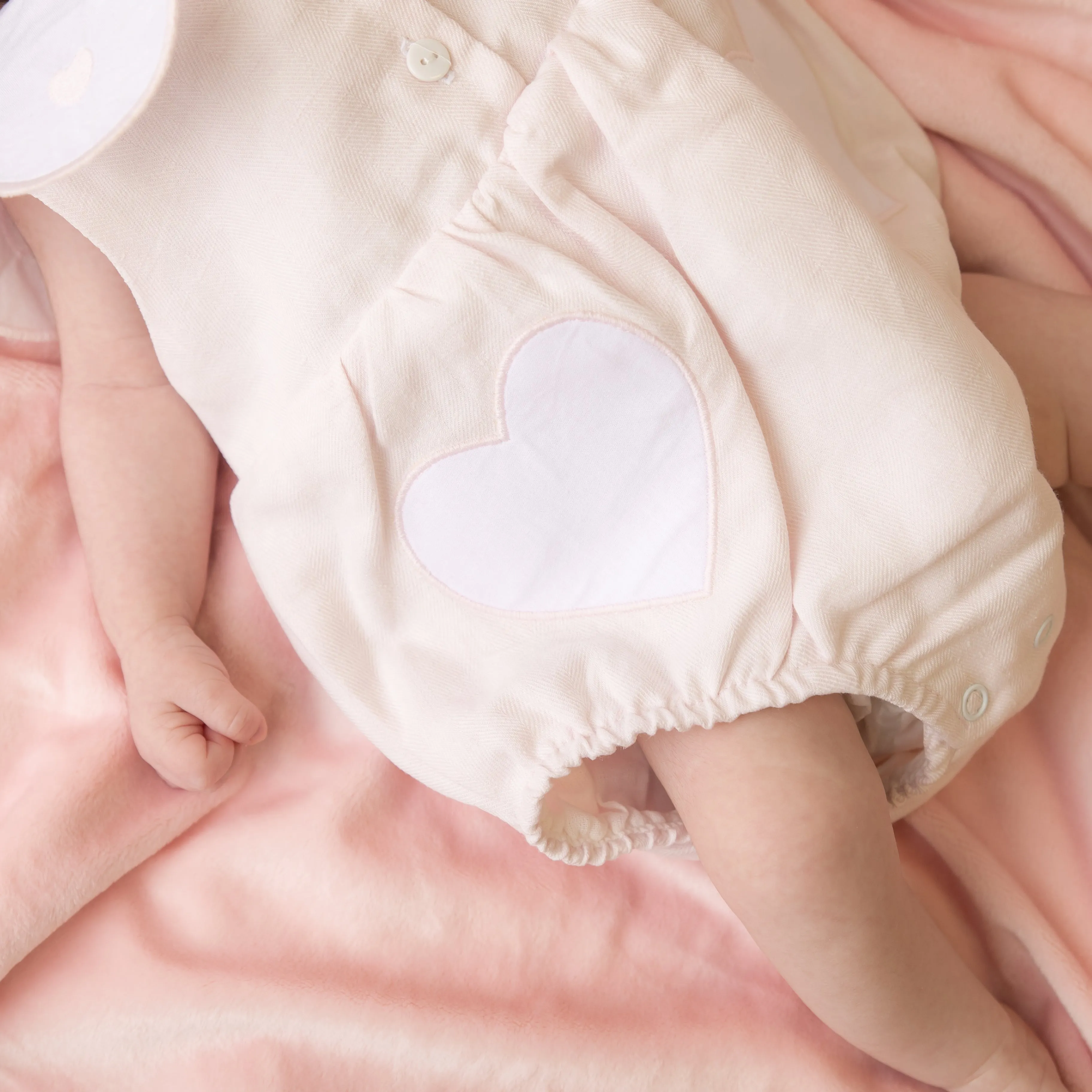 Pink Linen Frill Heart Romper With Bonnet