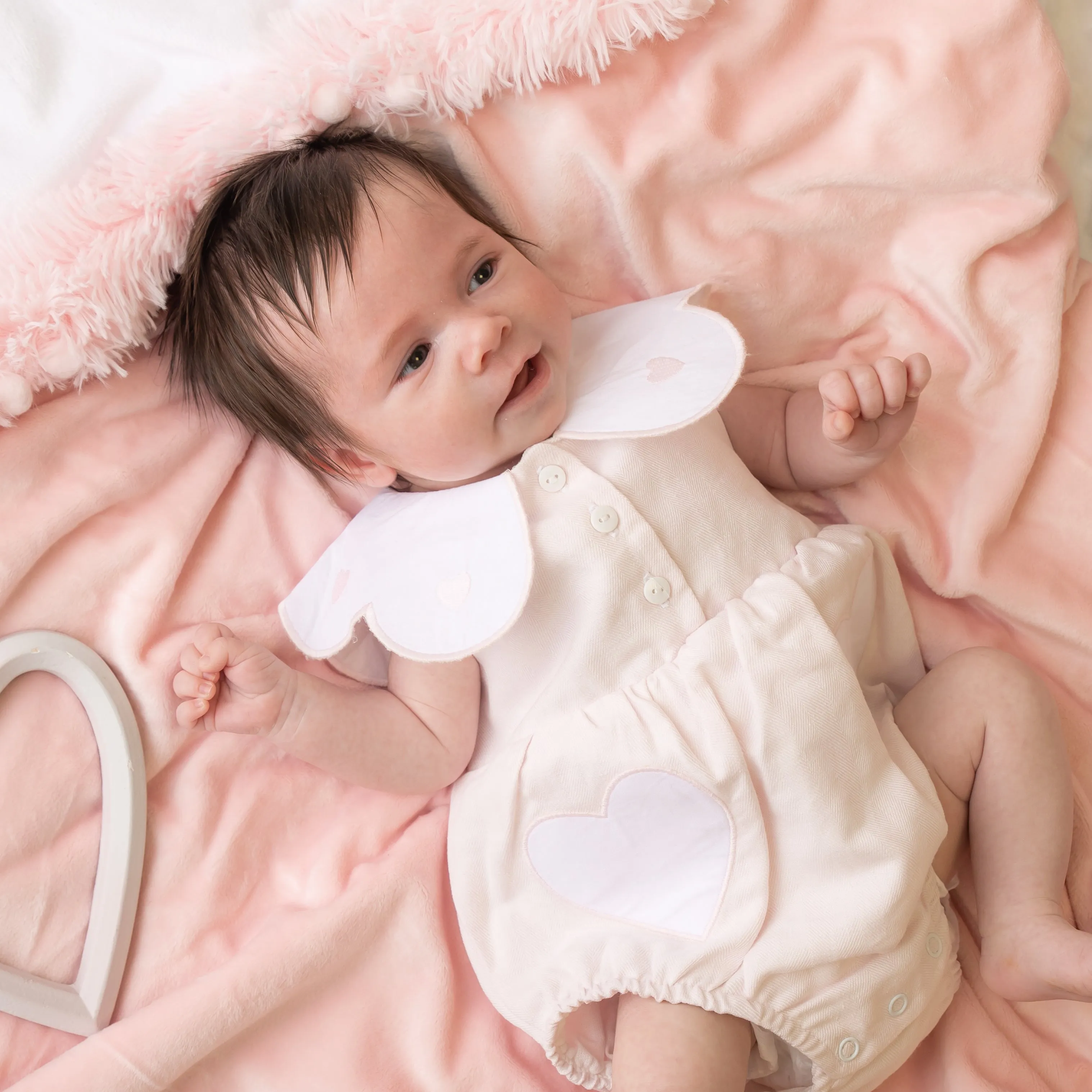 Pink Linen Frill Heart Romper With Bonnet