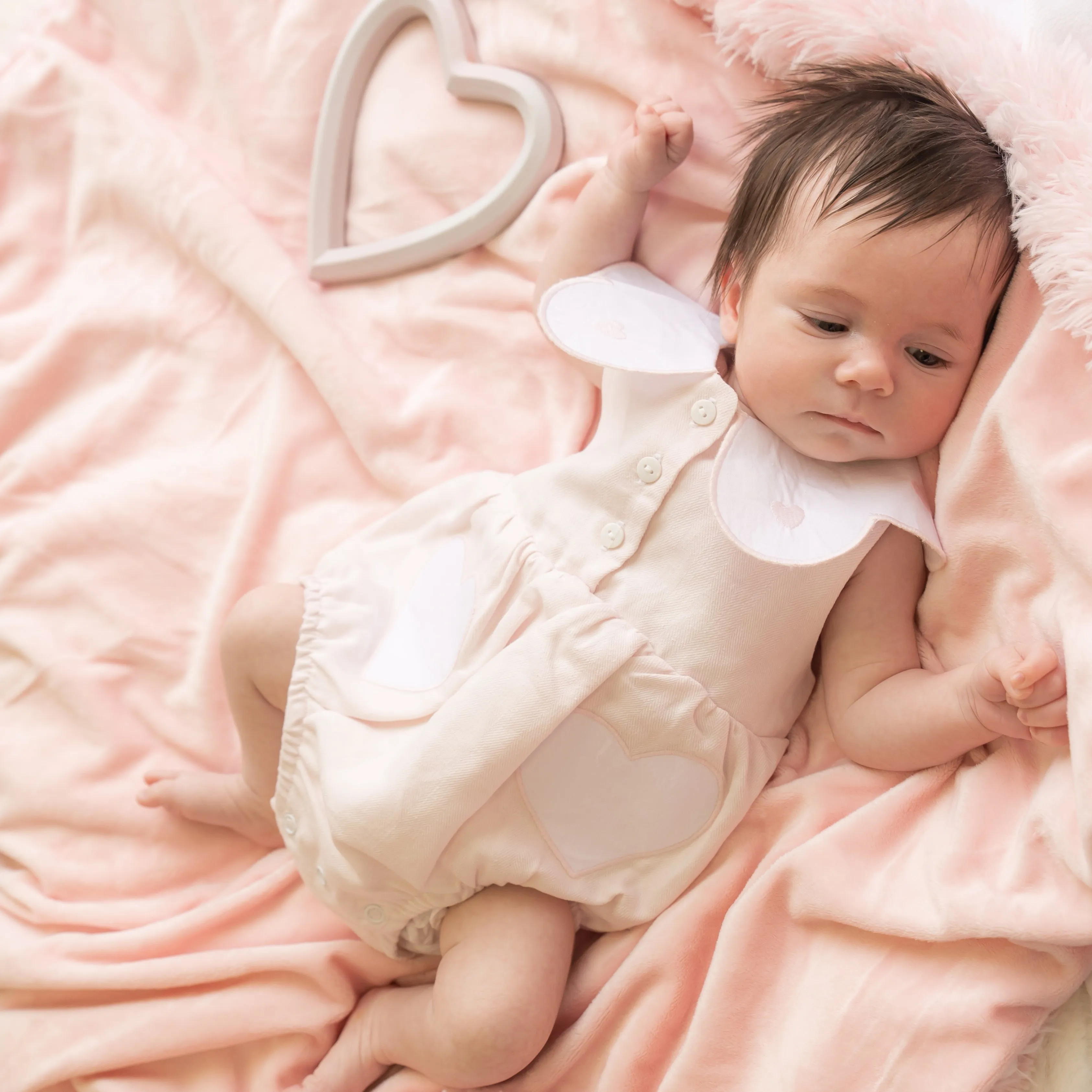 Pink Linen Frill Heart Romper With Bonnet