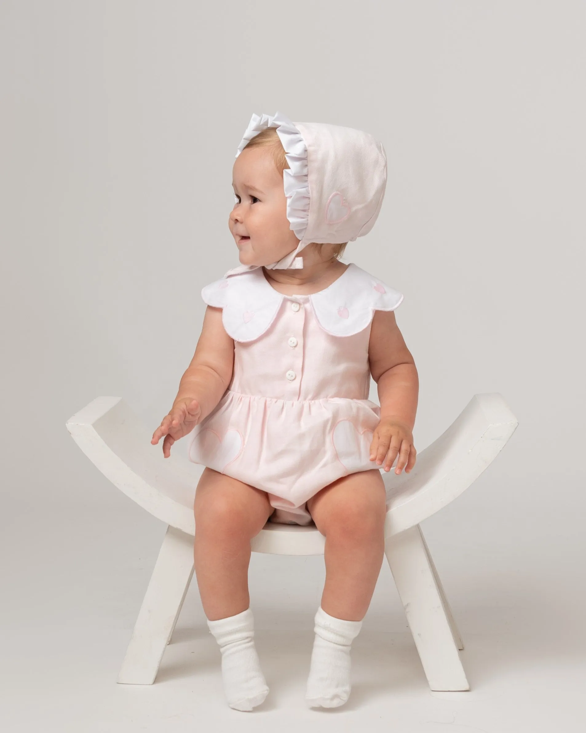 Pink Linen Frill Heart Romper With Bonnet