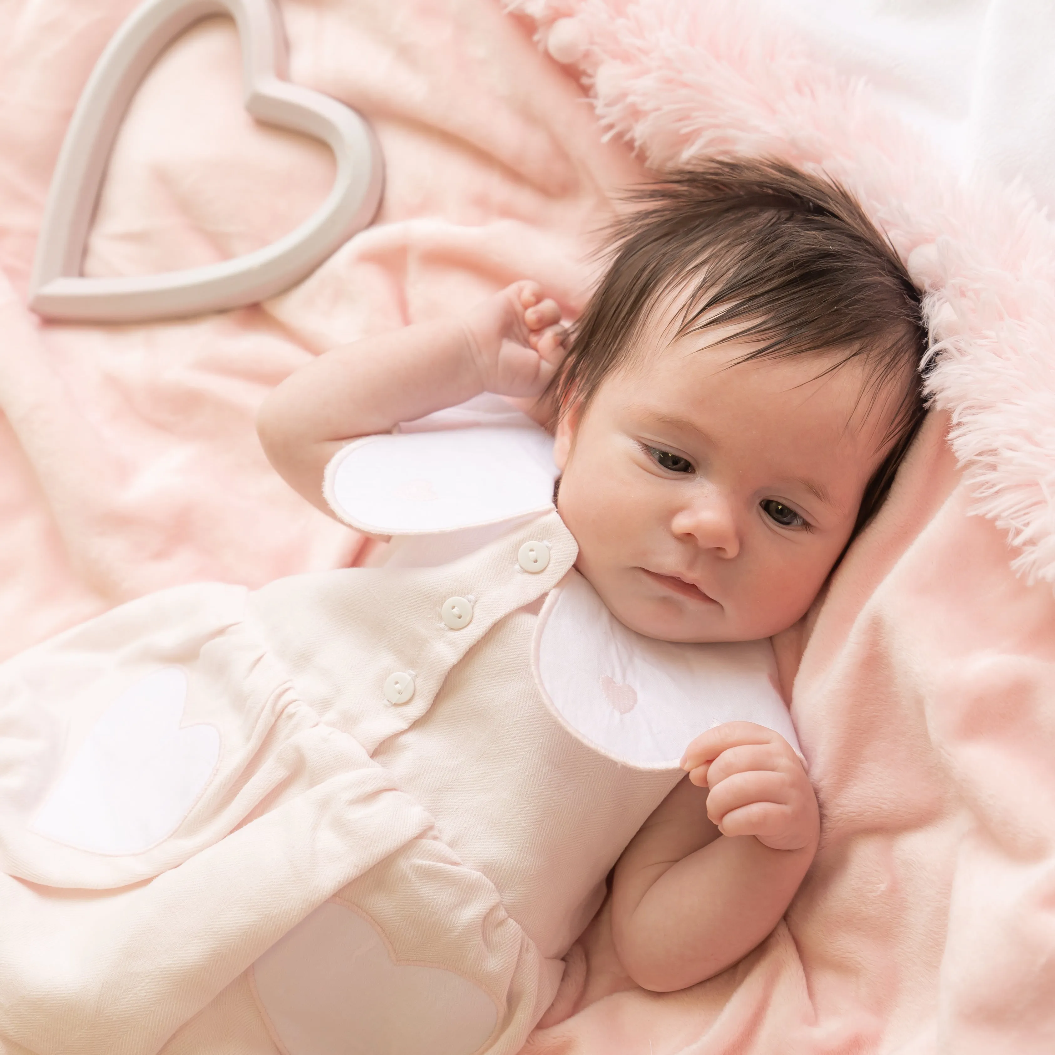 Pink Linen Frill Heart Romper With Bonnet