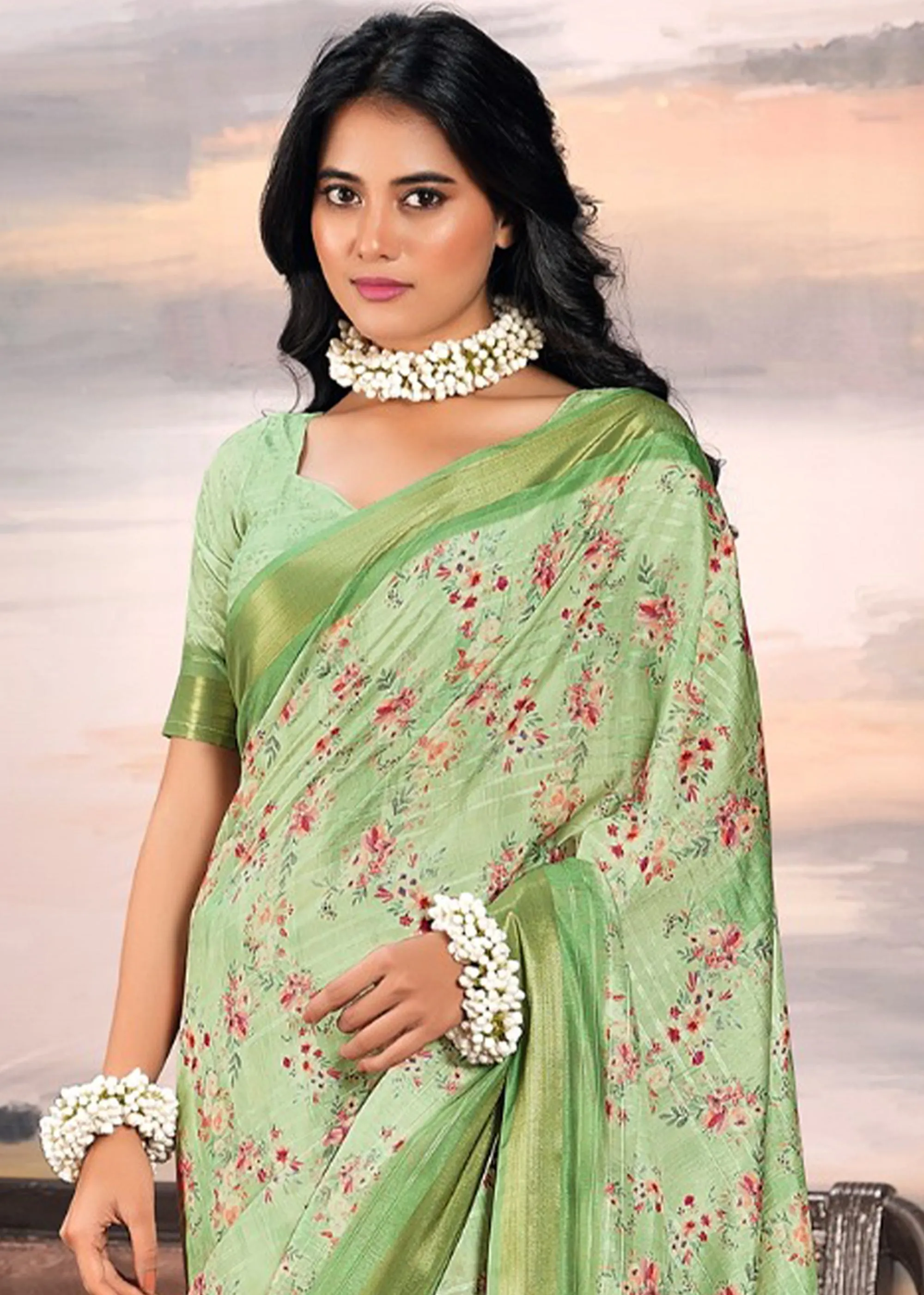 Pista Green Light Weight Cotton Silk Saree With Digital Print