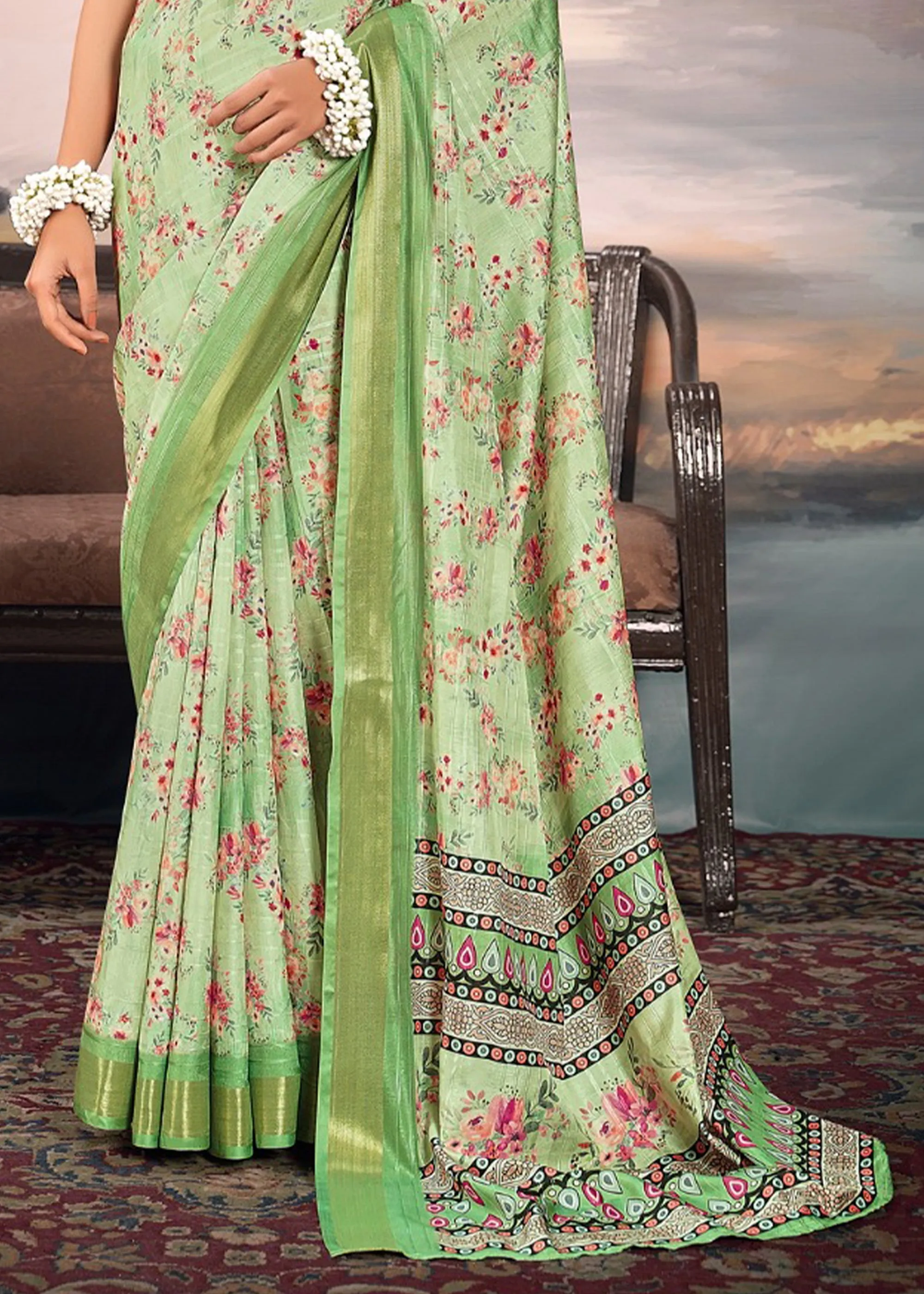 Pista Green Light Weight Cotton Silk Saree With Digital Print