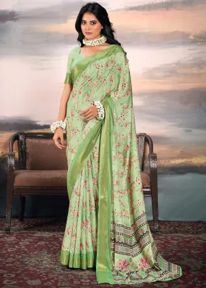 Pista Green Light Weight Cotton Silk Saree With Digital Print