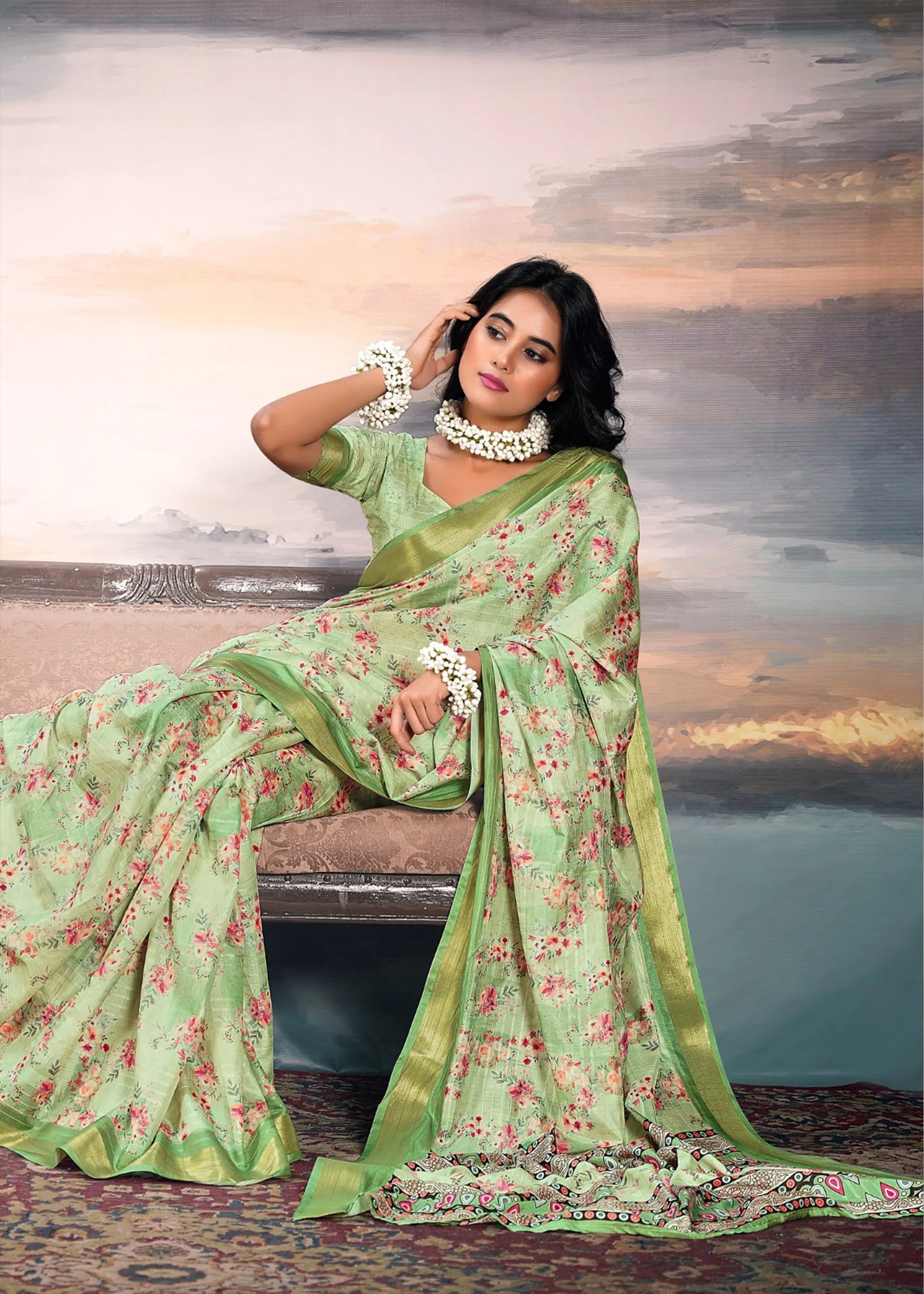 Pista Green Light Weight Cotton Silk Saree With Digital Print