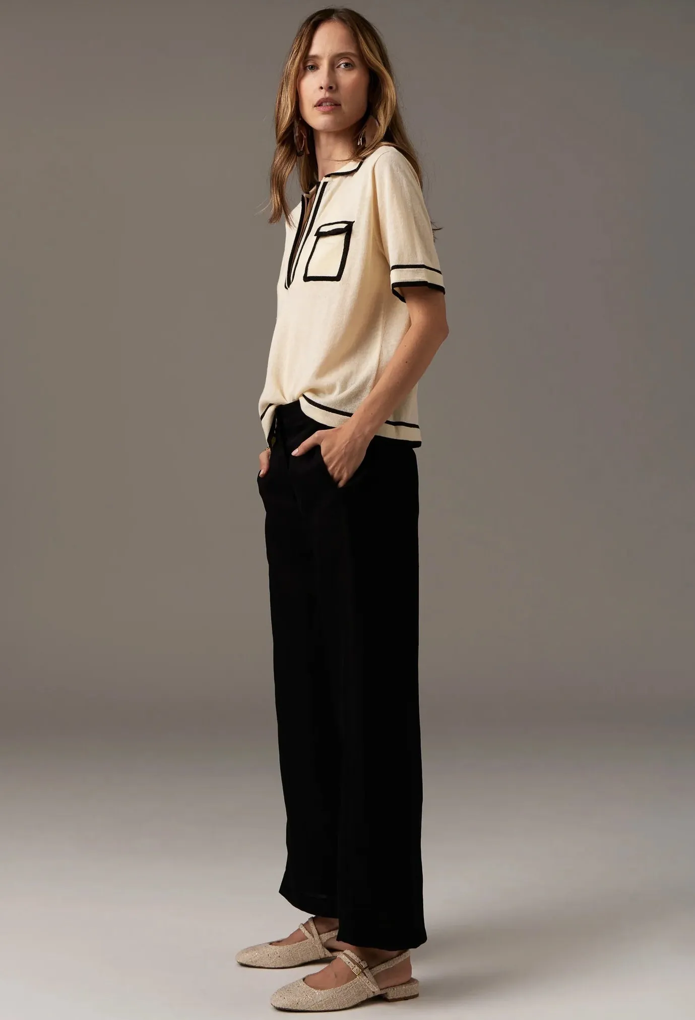 Pol Clothing - Sela Knit Polo - Ivory Black