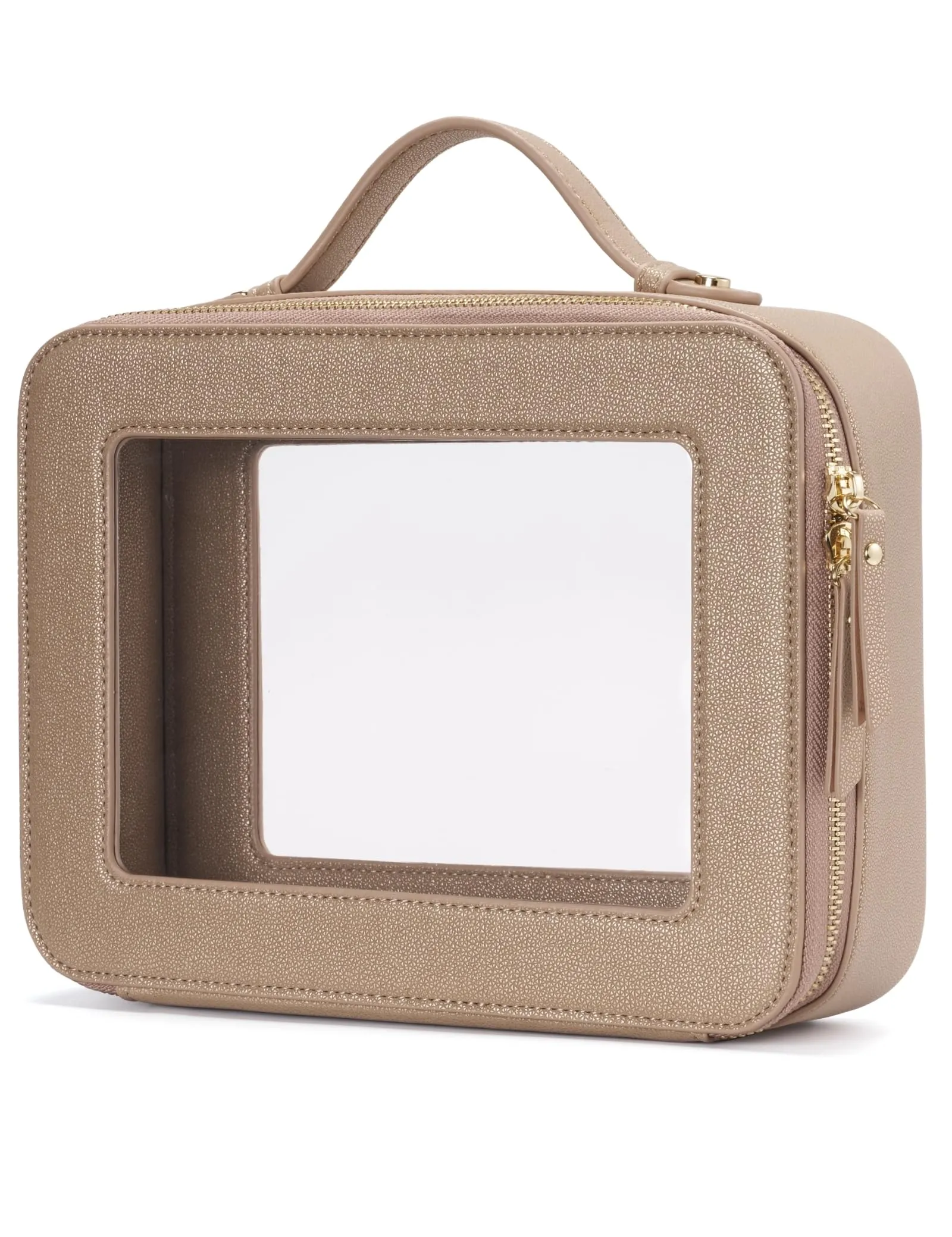 Popvibe Clear Makeup Bag Travel Cosmetic Case Transparent Toiletry Bag with Zipper, Portable Make Up Organizer Traveling Compact Car Bag for Essentials, Gold, Large