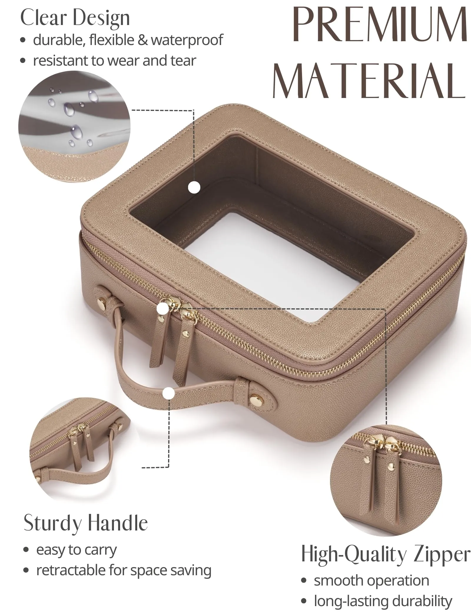 Popvibe Clear Makeup Bag Travel Cosmetic Case Transparent Toiletry Bag with Zipper, Portable Make Up Organizer Traveling Compact Car Bag for Essentials, Gold, Large