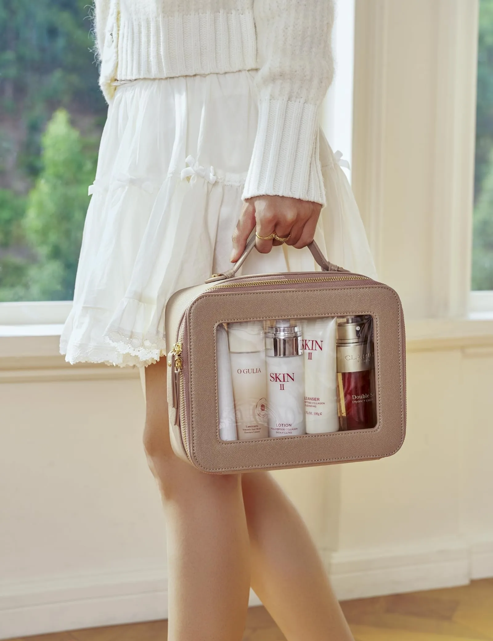 Popvibe Clear Makeup Bag Travel Cosmetic Case Transparent Toiletry Bag with Zipper, Portable Make Up Organizer Traveling Compact Car Bag for Essentials, Gold, Large