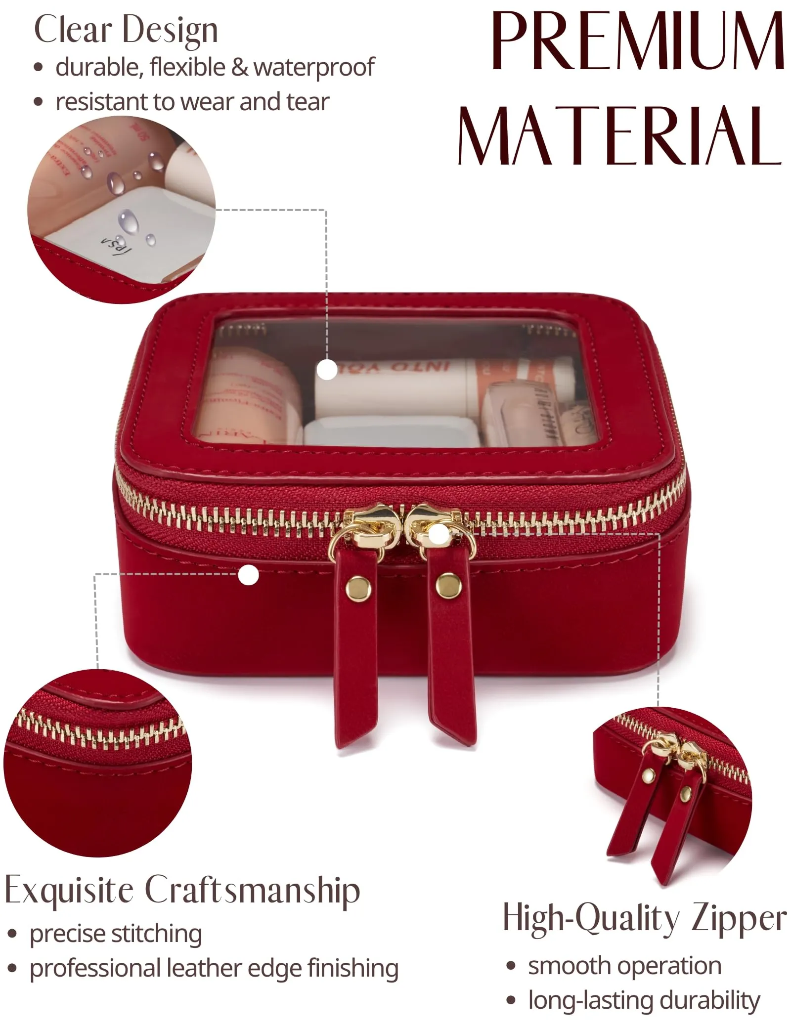 Popvibe Clear Makeup Bag Travel Cosmetic Case Transparent Toiletry Bag with Zipper, Portable Make Up Organizer Traveling Compact Car Bag for Essentials, Red, Mini