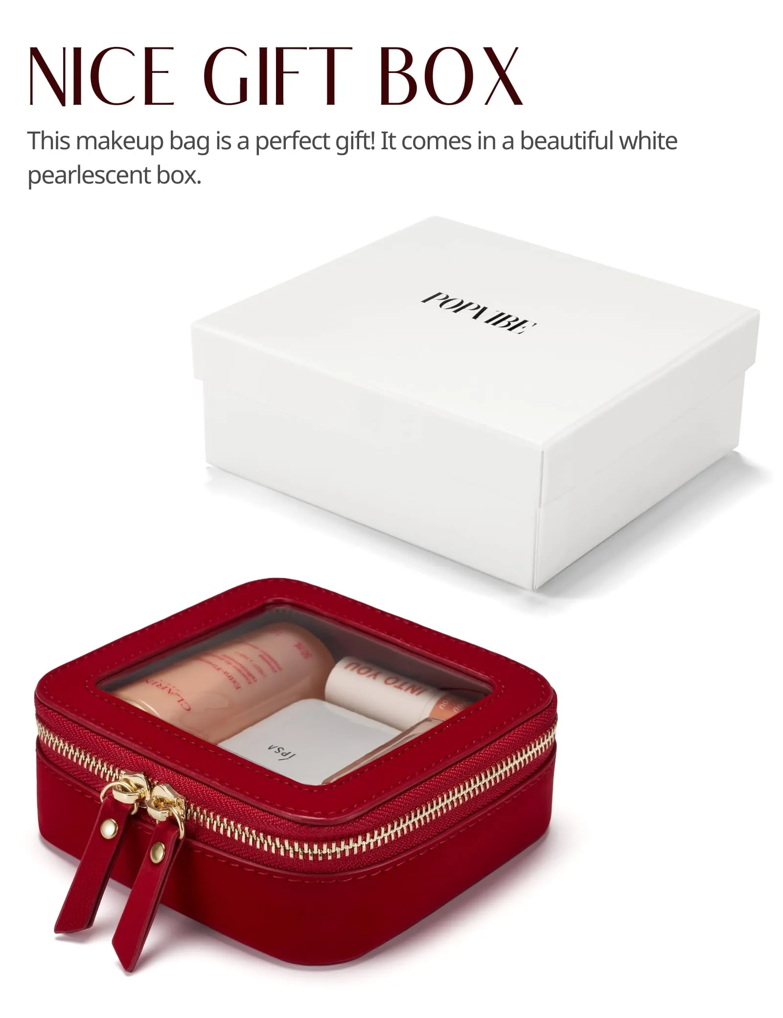 Popvibe Clear Makeup Bag Travel Cosmetic Case Transparent Toiletry Bag with Zipper, Portable Make Up Organizer Traveling Compact Car Bag for Essentials, Red, Mini