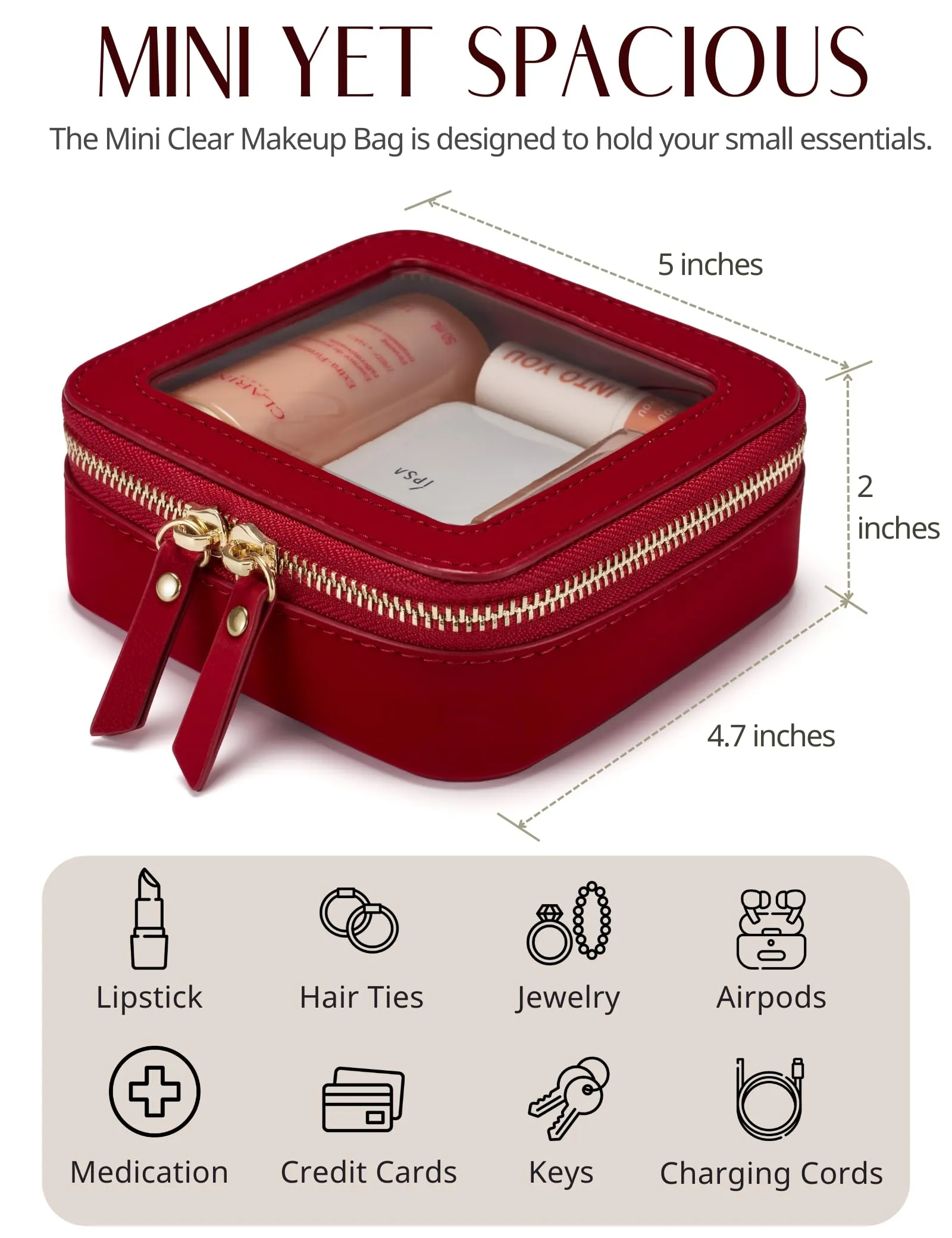 Popvibe Clear Makeup Bag Travel Cosmetic Case Transparent Toiletry Bag with Zipper, Portable Make Up Organizer Traveling Compact Car Bag for Essentials, Red, Mini