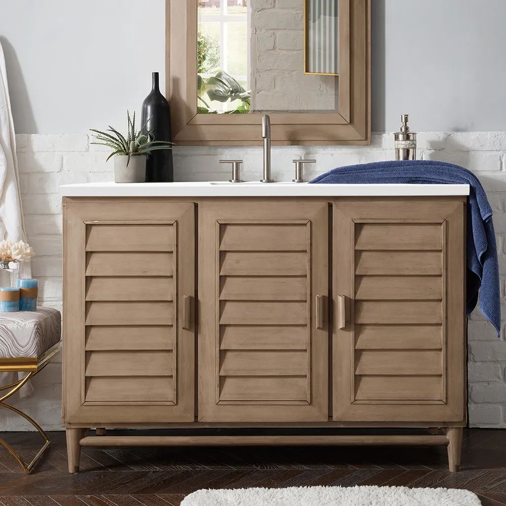 Portland 3 Doors and 7 Drawers Bathroom Vanity with Quartz Sink - Floor Mount - 48" Wood/Whitewashed Walnut - Last Unit Special Offer