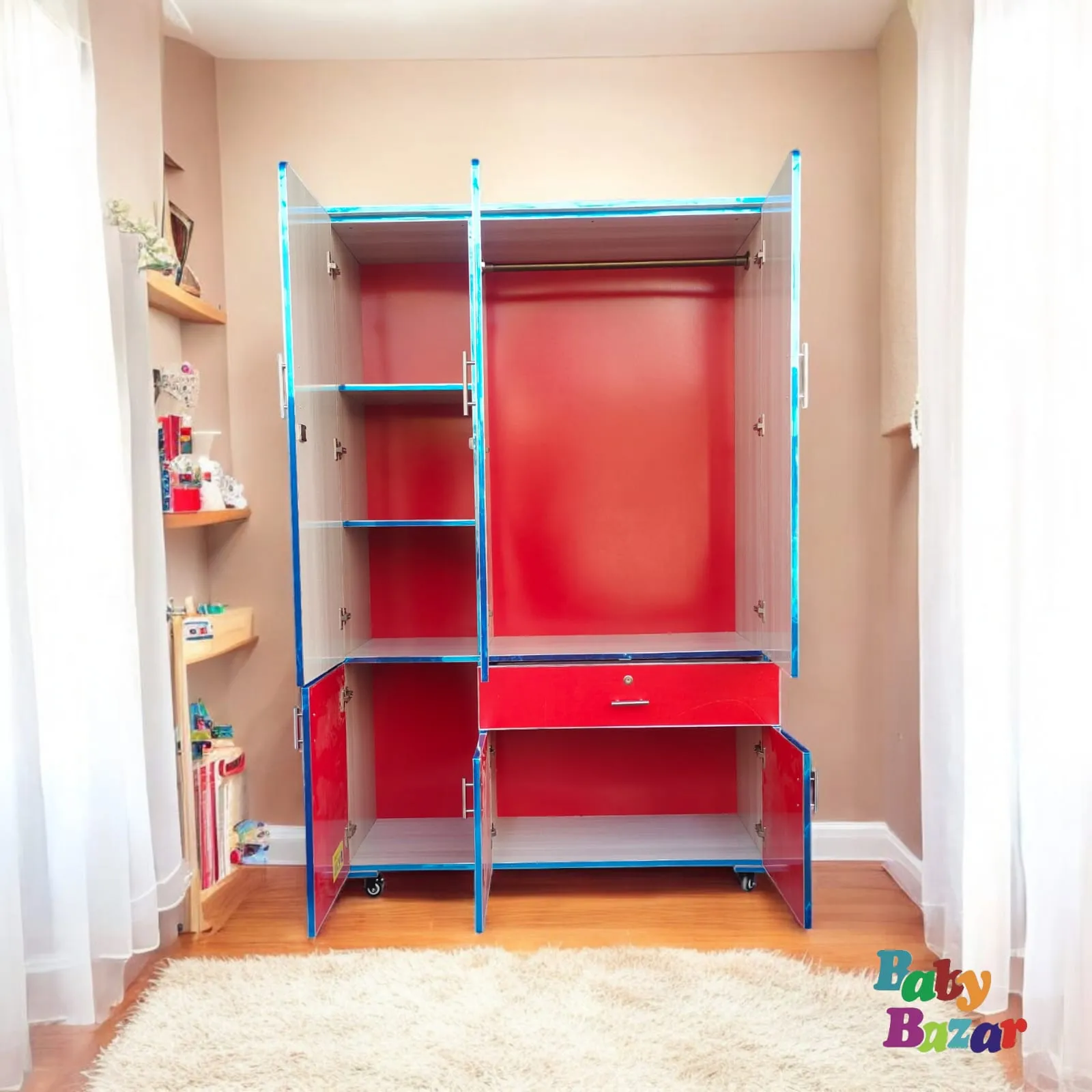 Premium 6ft x 4ft Wooden Almari Spacious & Beautifully Designed Storage Cupboard Red & White