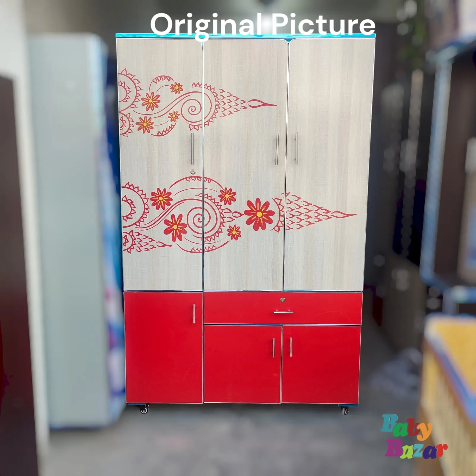 Premium 6ft x 4ft Wooden Almari Spacious & Beautifully Designed Storage Cupboard Red & White