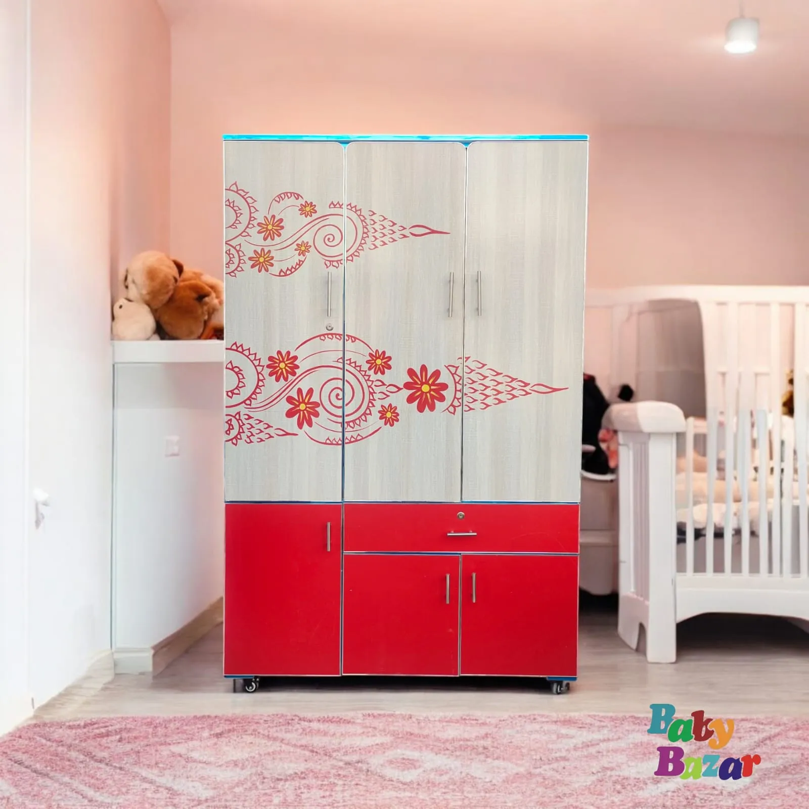 Premium 6ft x 4ft Wooden Almari Spacious & Beautifully Designed Storage Cupboard Red & White