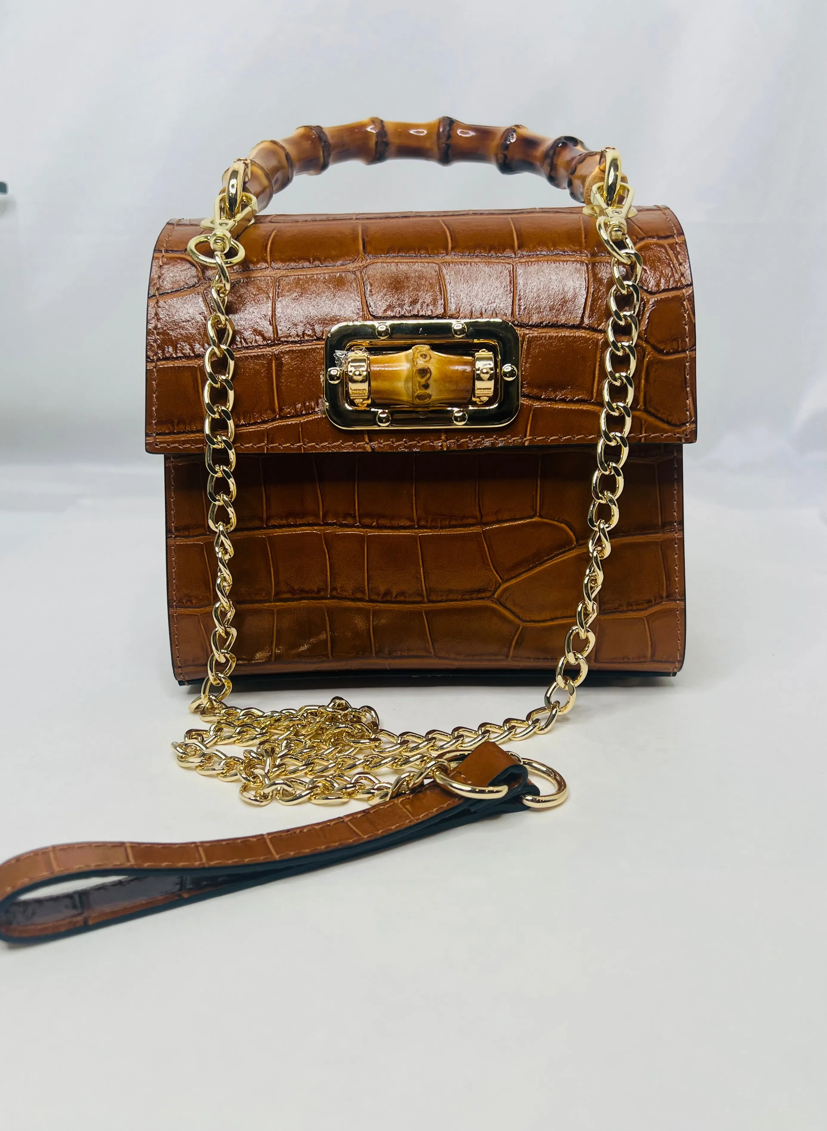 Purse - Bamboo Handled Leather Bag in Camel