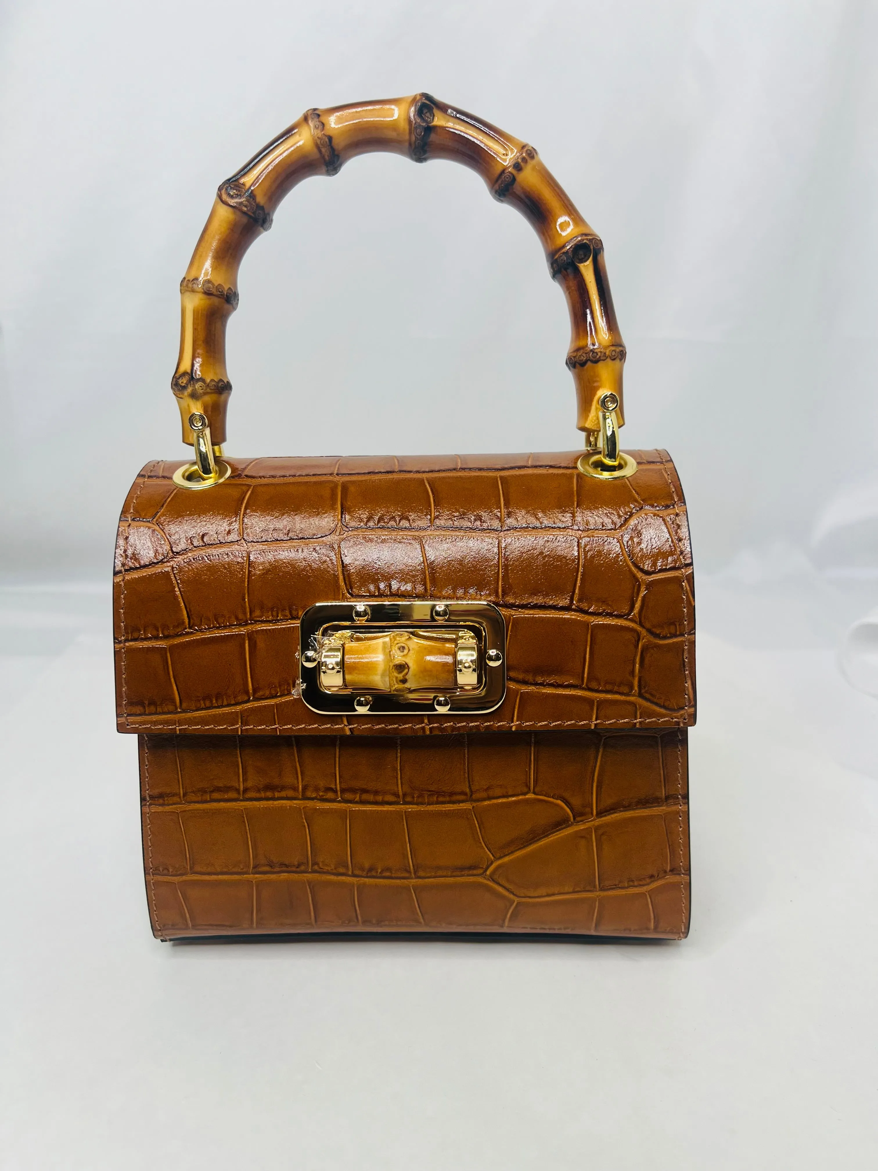 Purse - Bamboo Handled Leather Bag in Camel