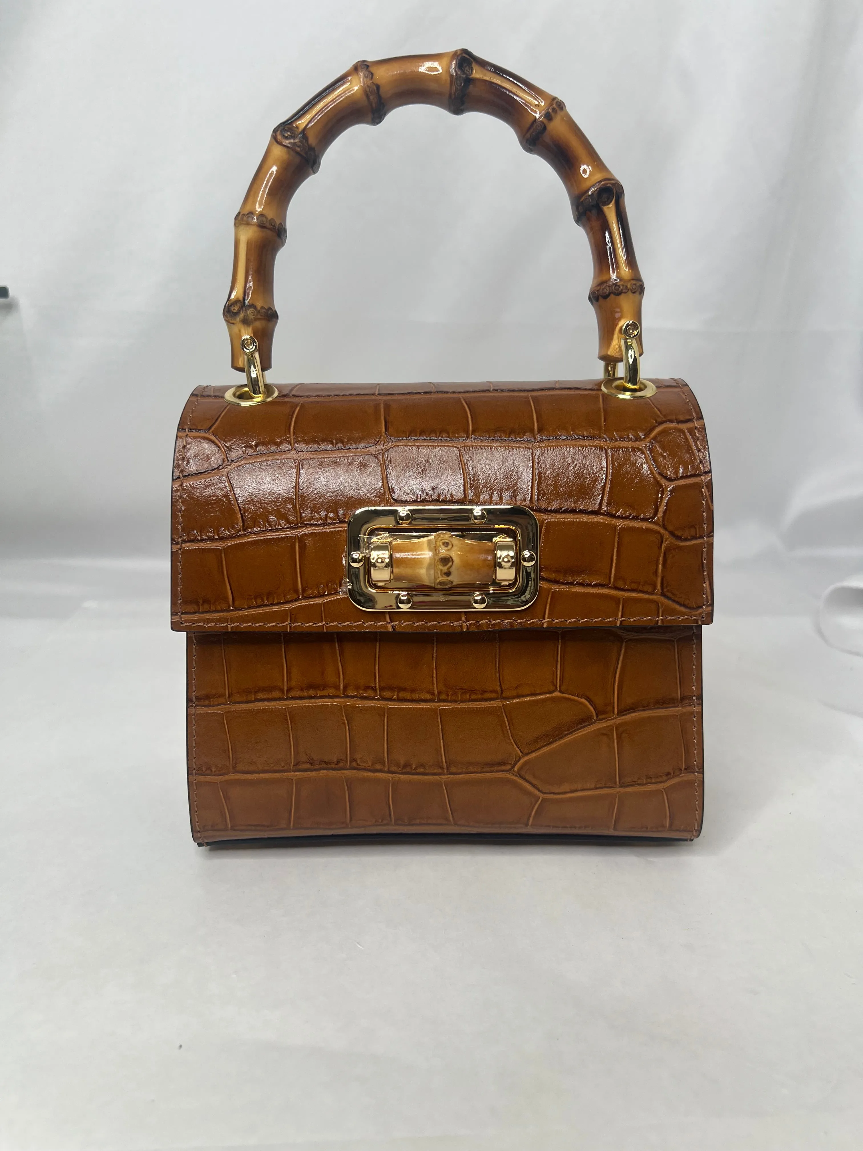 Purse - Bamboo Handled Leather Bag in Camel
