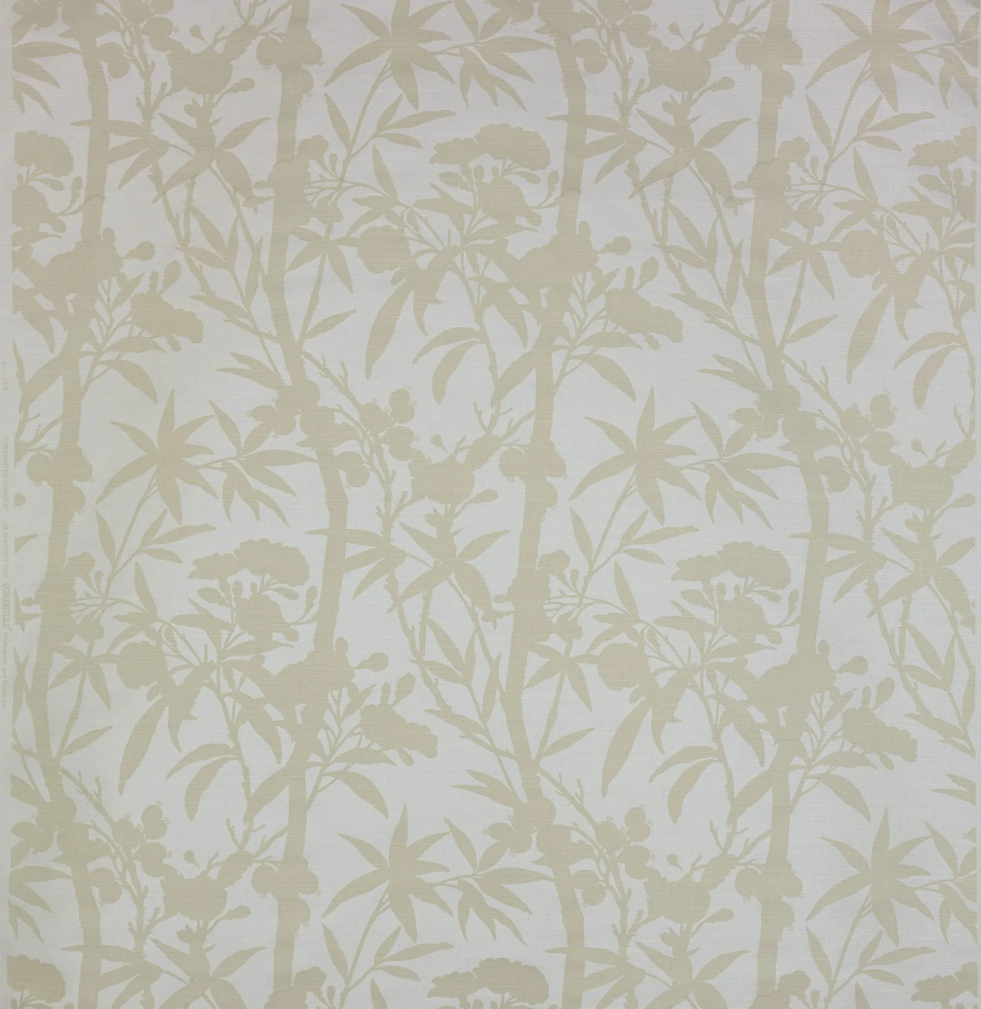 Quadrille Fabric: Enchanted Garden Bamboo - Tapestry Beige on White Belgian Linen / Cotton