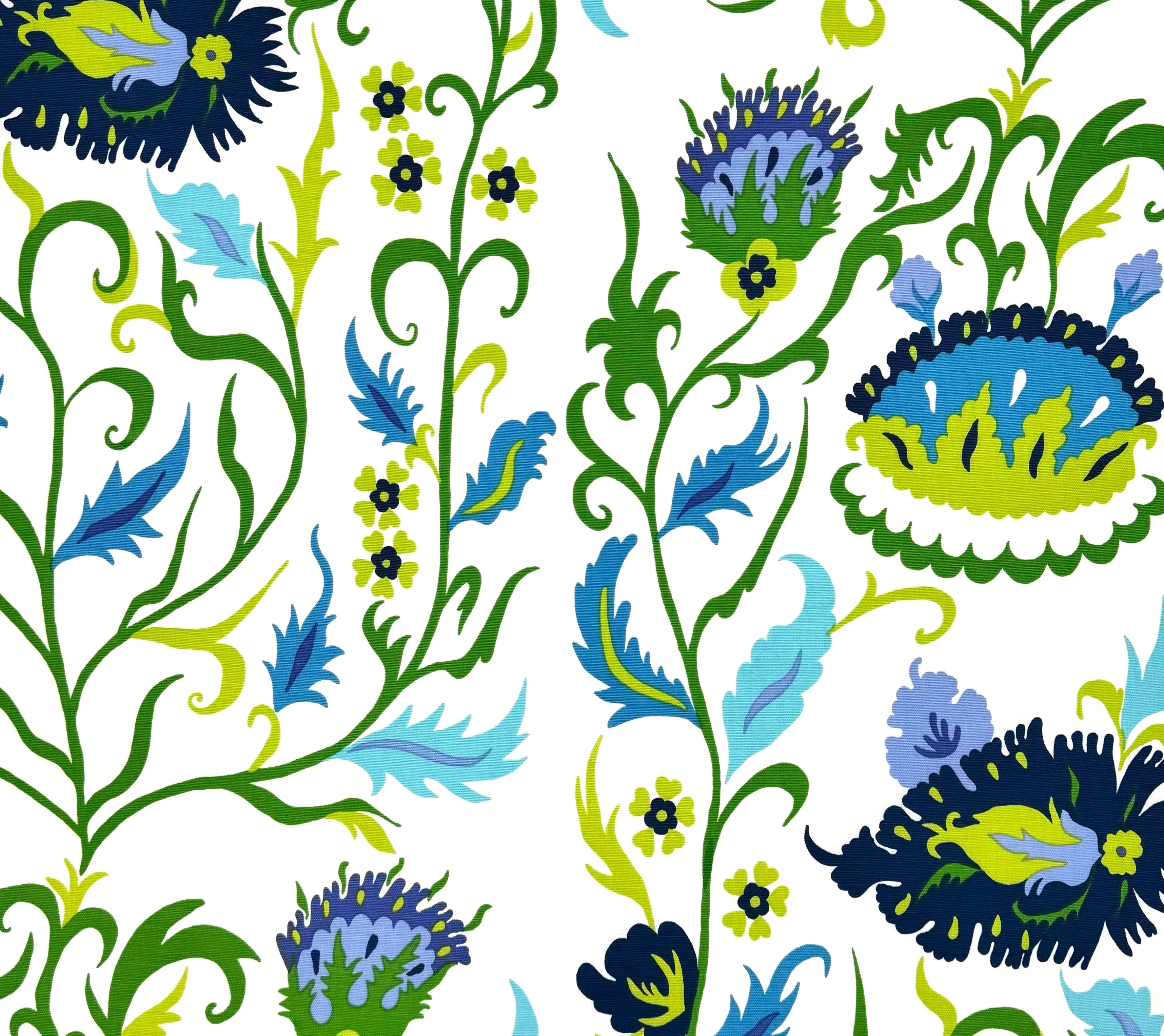 Quadrille Fabric: Uzbek Large Scale - Custom Multi Blues / Green / Royal on White Belgian Linen / Cotton
