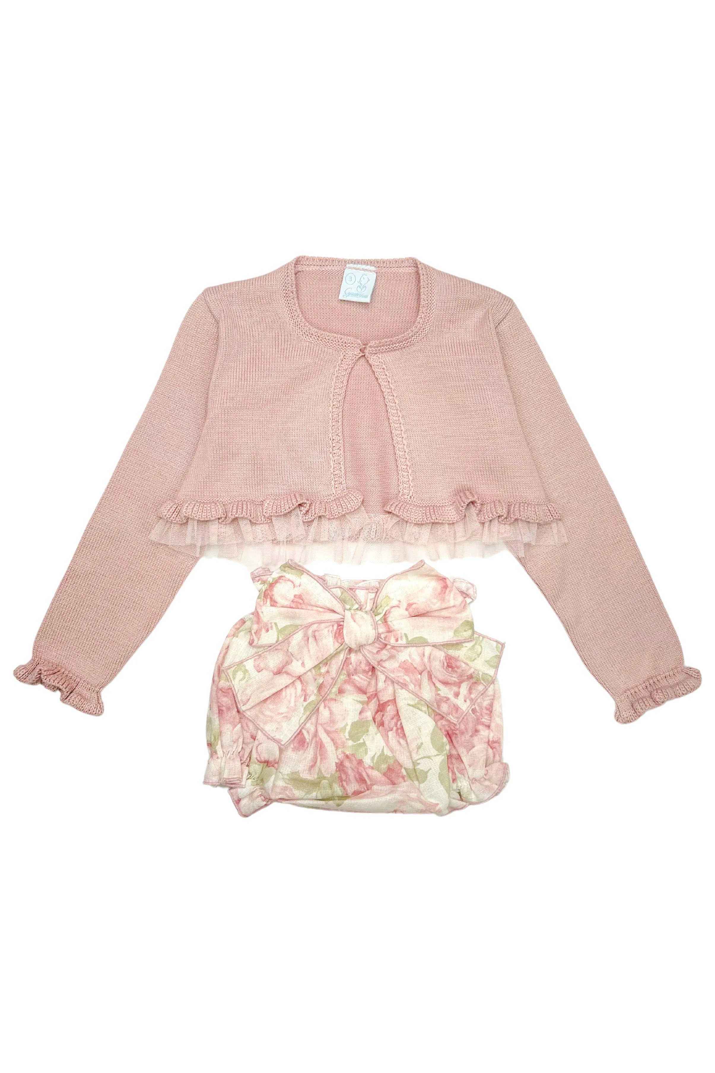 "Amara" Dusky Pink Tulle Cardigan & Floral Bloomers