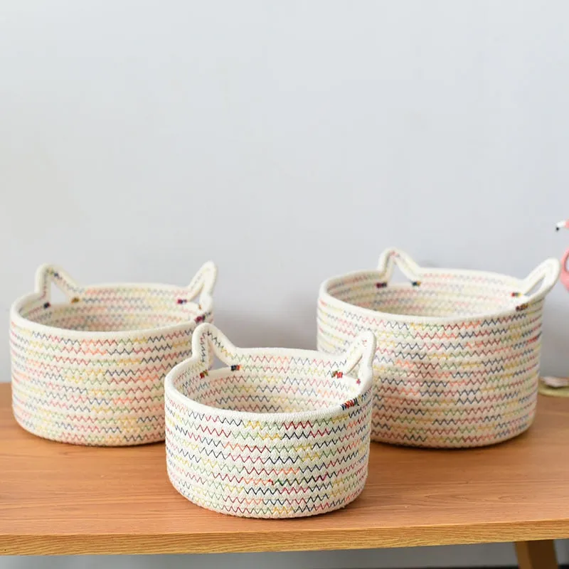 Rainbow Woven Cat Ears Storage Basket Organizer