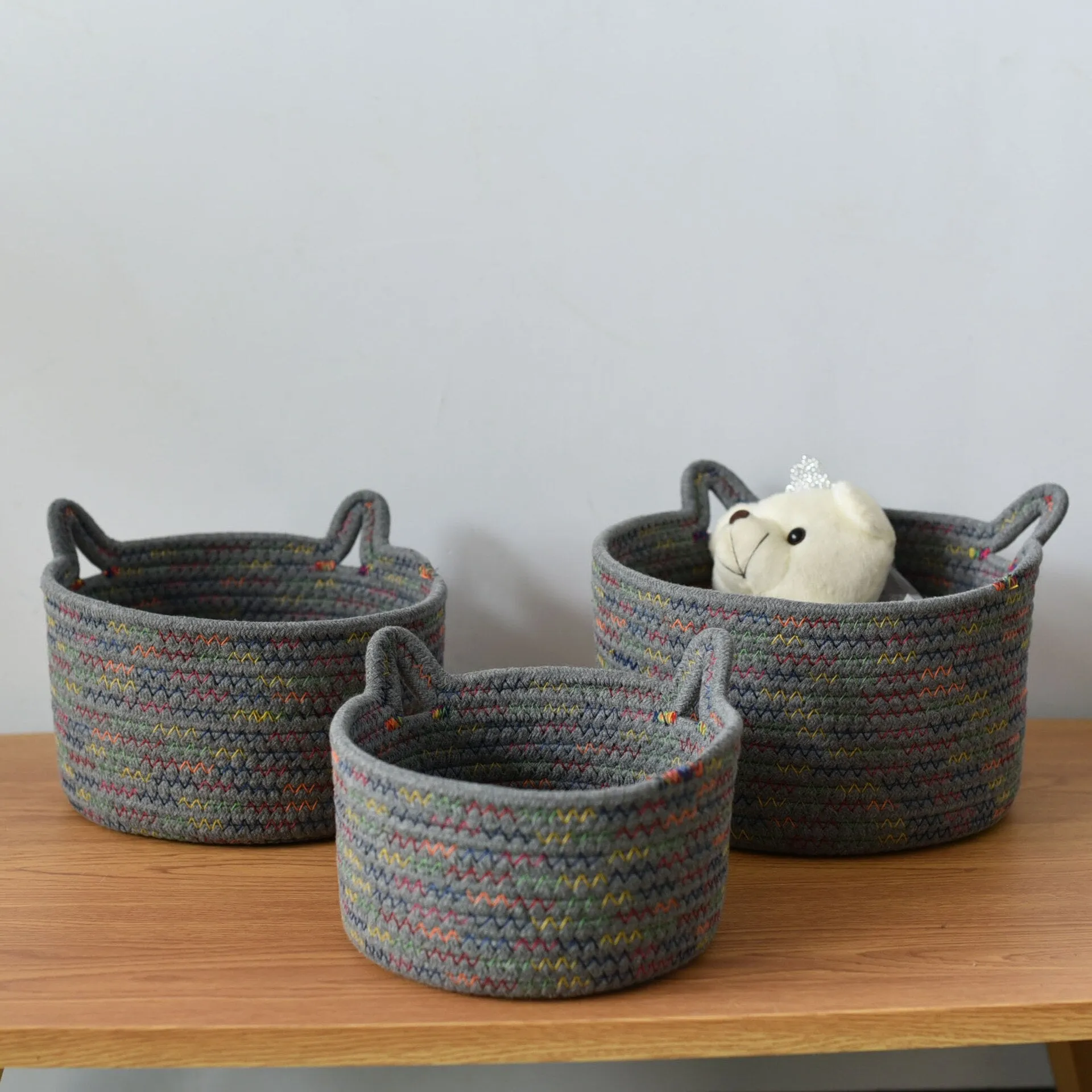 Rainbow Woven Cat Ears Storage Basket Organizer