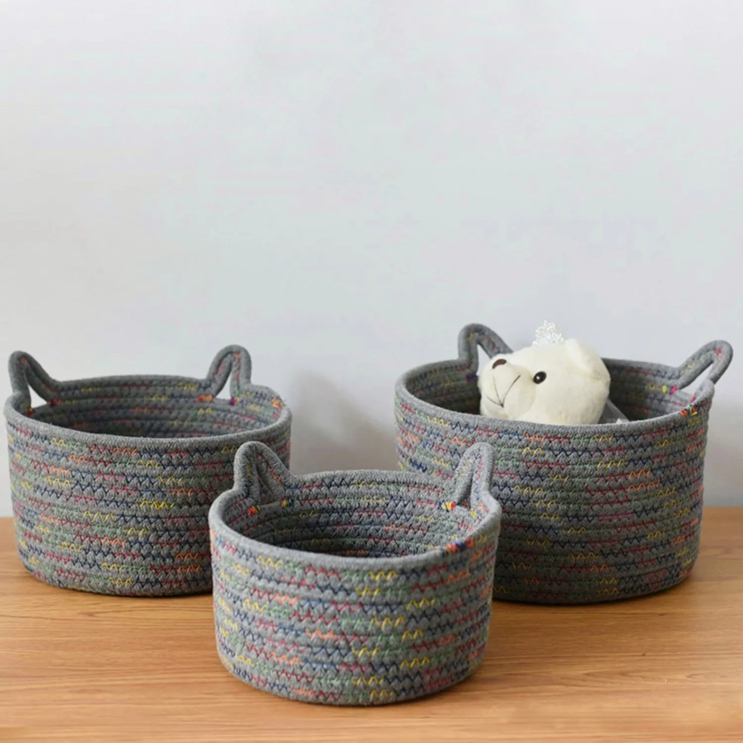 Rainbow Woven Cat Ears Storage Basket Organizer