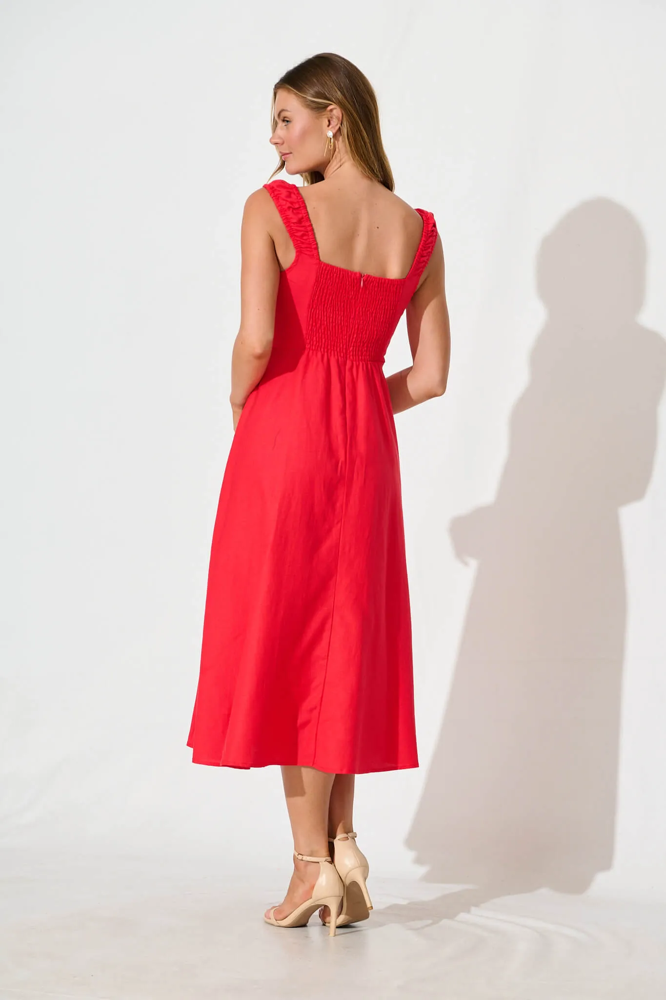 Red Cotton Linen Midi Dress by Nikolena