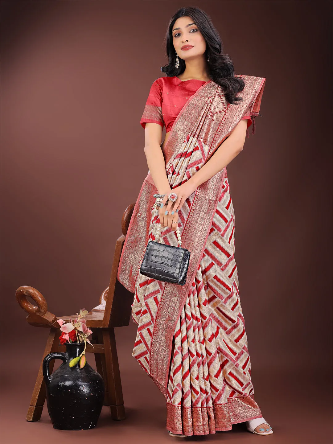 Red Linen Cotton Saree