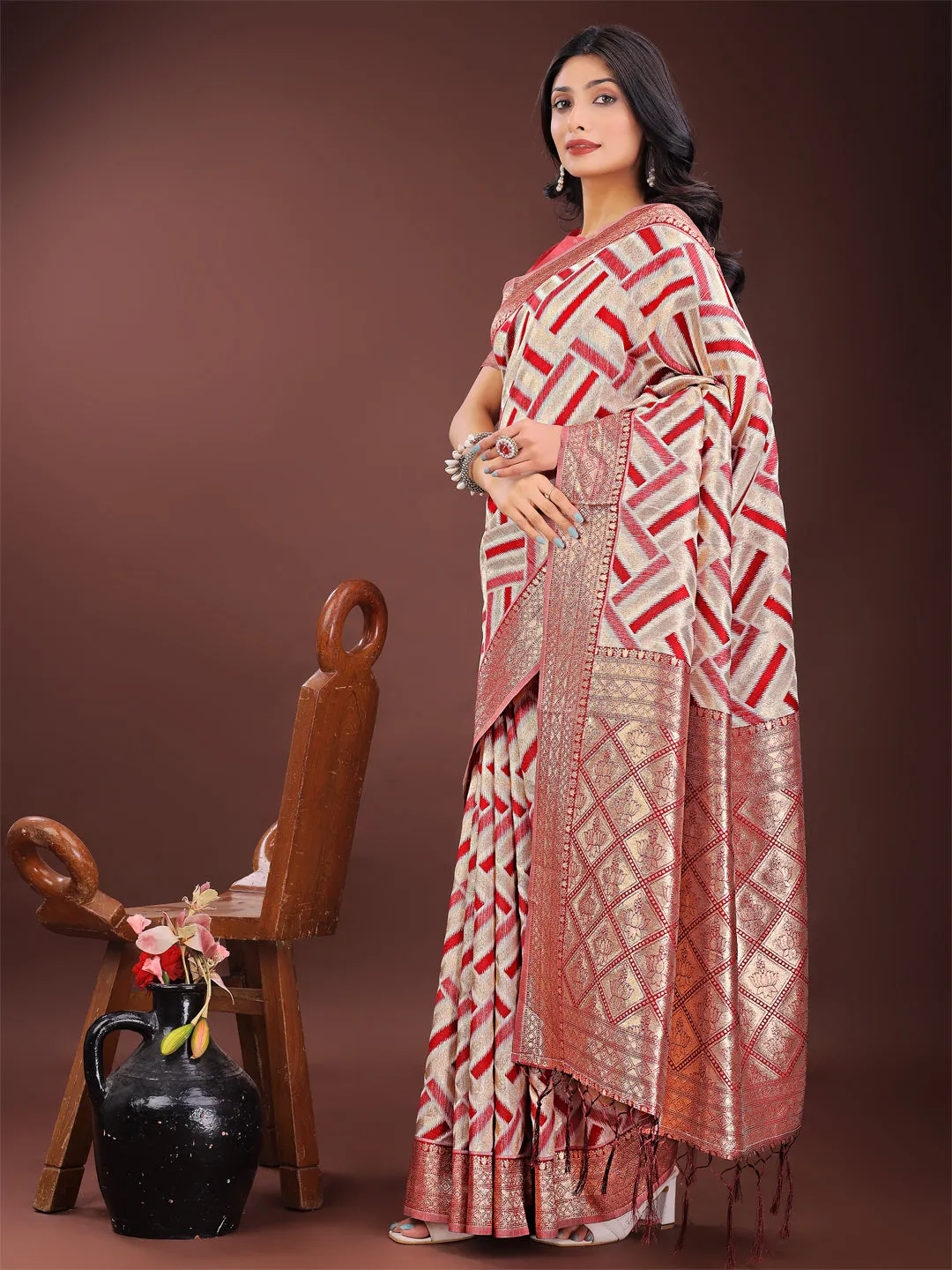 Red Linen Cotton Saree