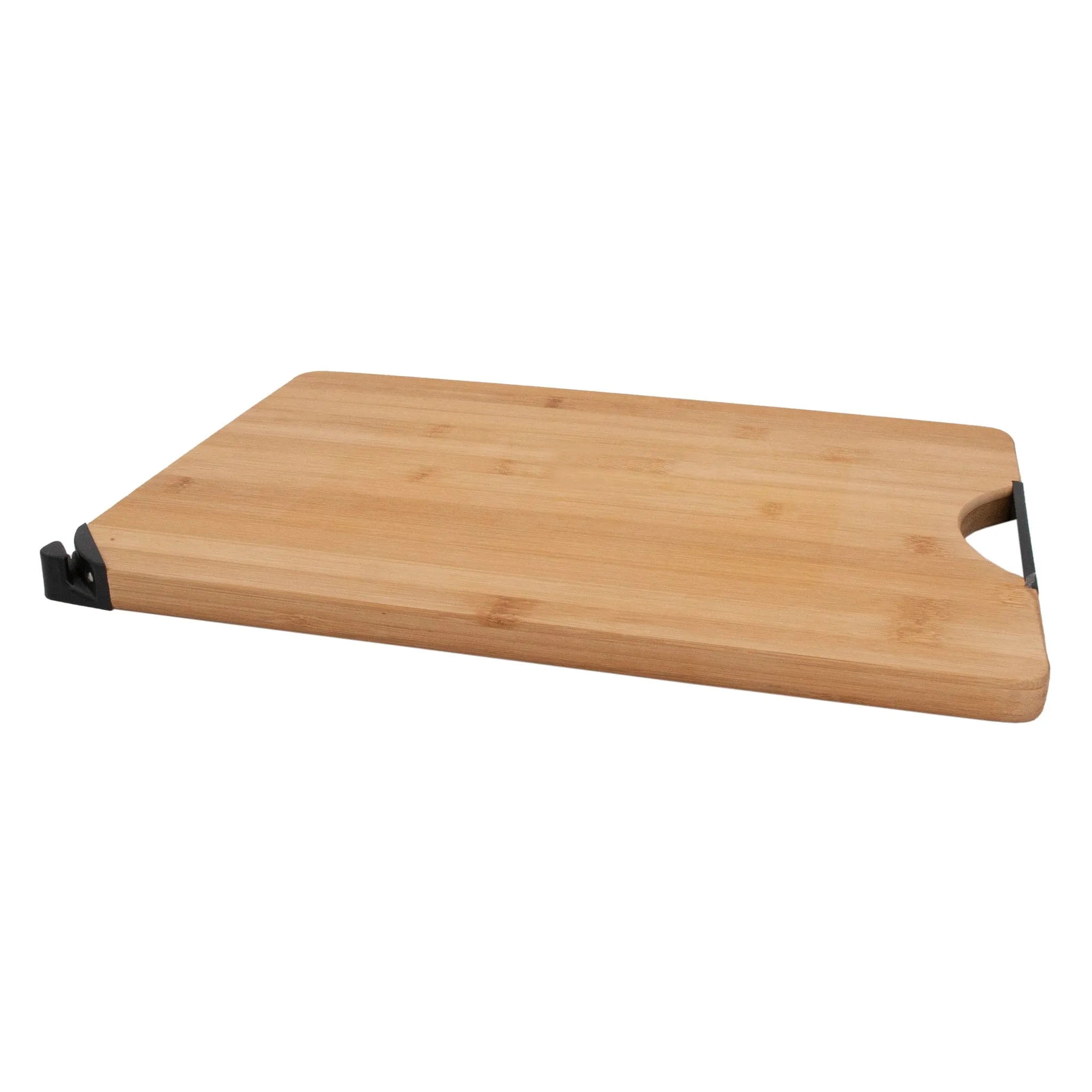 Regent Bamboo Cutting Board With Black Metal Handle And Knife Sharpener 355x258x18mm 30228