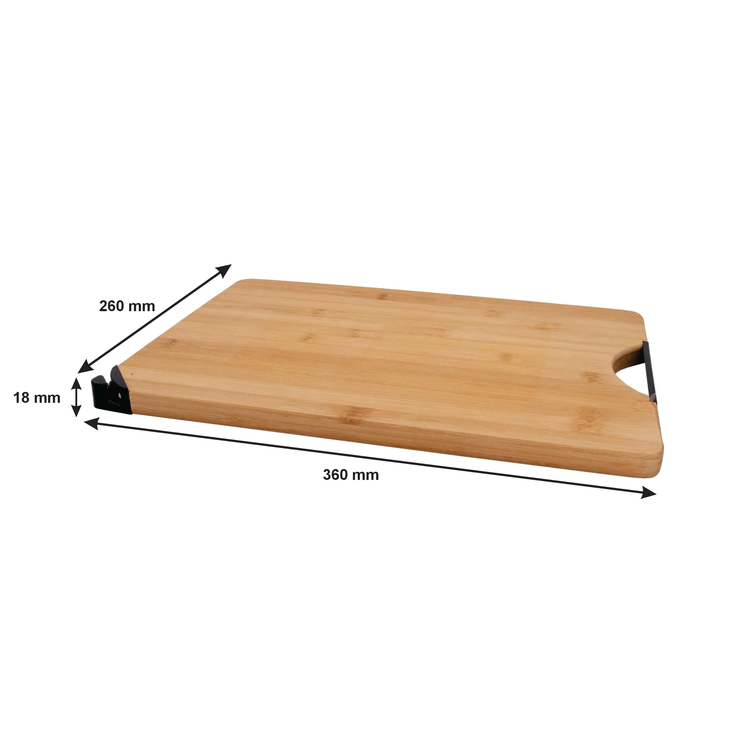 Regent Bamboo Cutting Board With Black Metal Handle And Knife Sharpener 355x258x18mm 30228