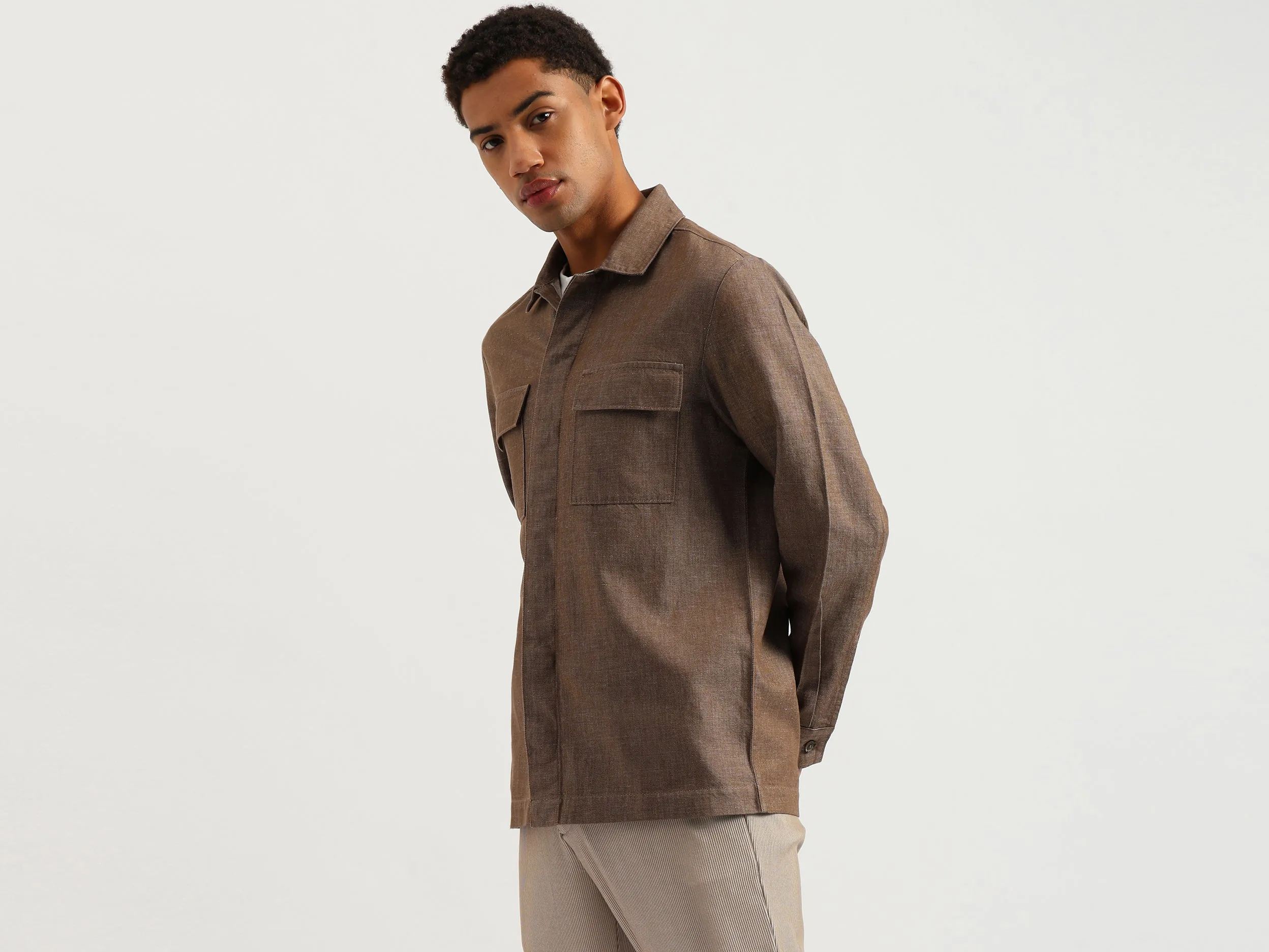 Regular Fit Spread Collar Textured Shacket