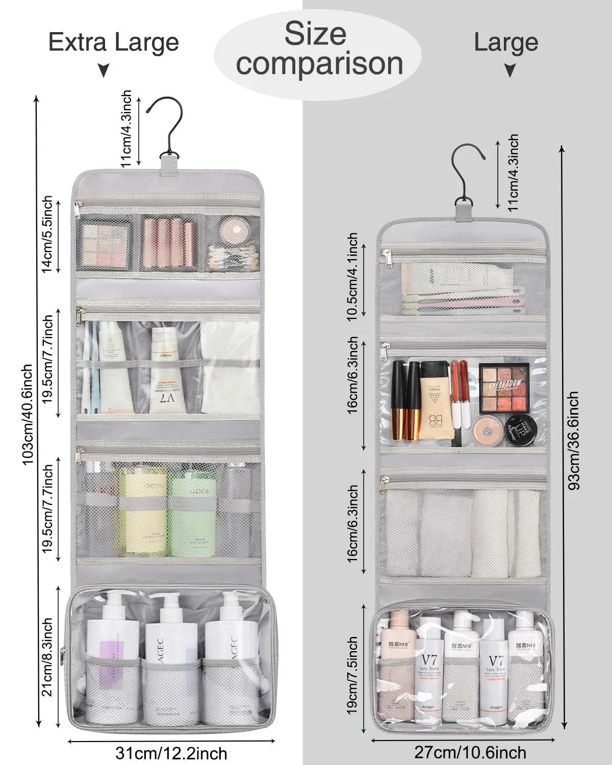 Relavel Travel Toiletry Bag for Men, Hanging Toiletry Bag for Women Makeup Cosmetic Storage Organizer Large Capacity Travel Kit Shaving Bag for Full Sized Container Gray