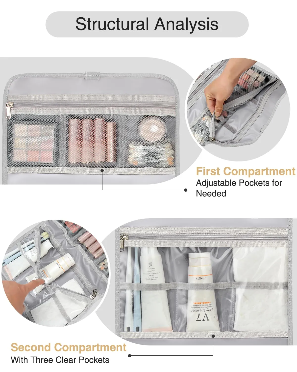 Relavel Travel Toiletry Bag for Men, Hanging Toiletry Bag for Women Makeup Cosmetic Storage Organizer Large Capacity Travel Kit Shaving Bag for Full Sized Container Gray