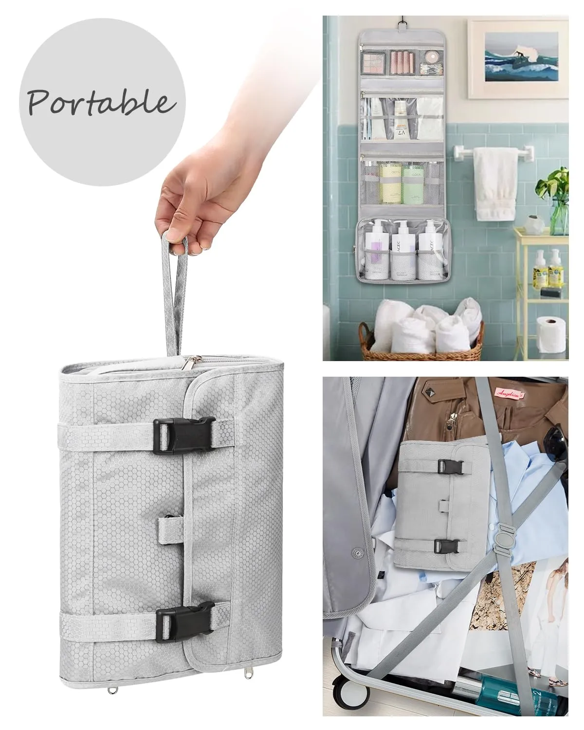 Relavel Travel Toiletry Bag for Men, Hanging Toiletry Bag for Women Makeup Cosmetic Storage Organizer Large Capacity Travel Kit Shaving Bag for Full Sized Container Gray