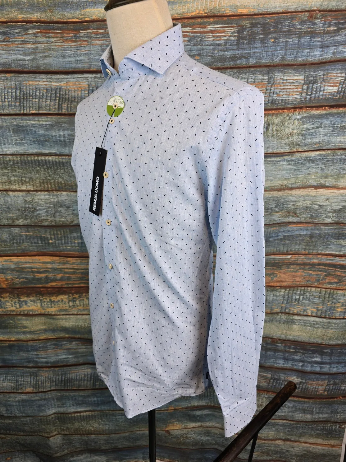 Remus Uomo Tapered fit light blue cotton and linen shirt