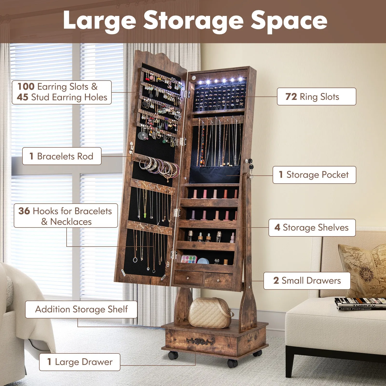 Rolling Floor Standing Mirrored Jewelry Armoire with Lock and Drawers-Rustic Brown