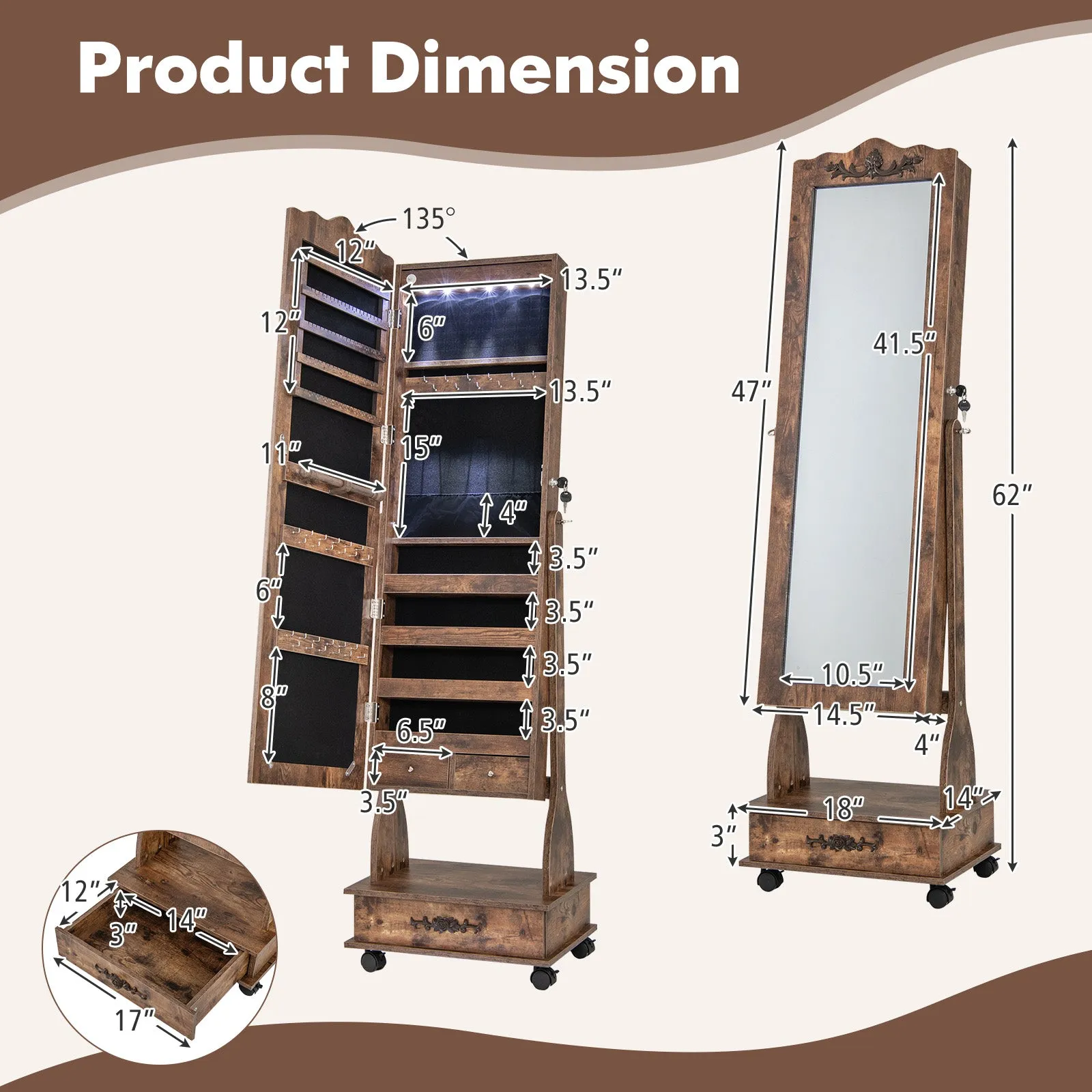 Rolling Floor Standing Mirrored Jewelry Armoire with Lock and Drawers-Rustic Brown