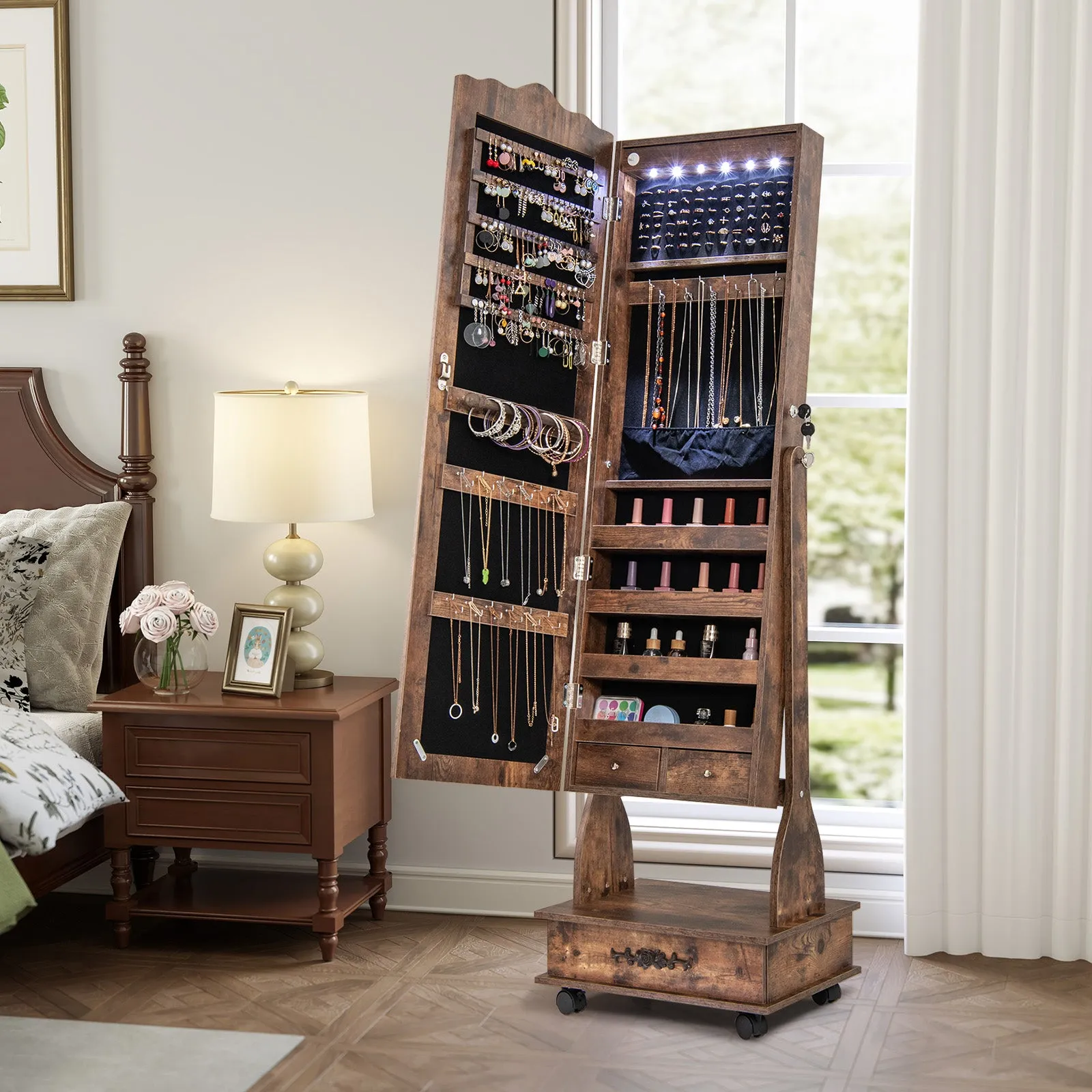 Rolling Floor Standing Mirrored Jewelry Armoire with Lock and Drawers-Rustic Brown